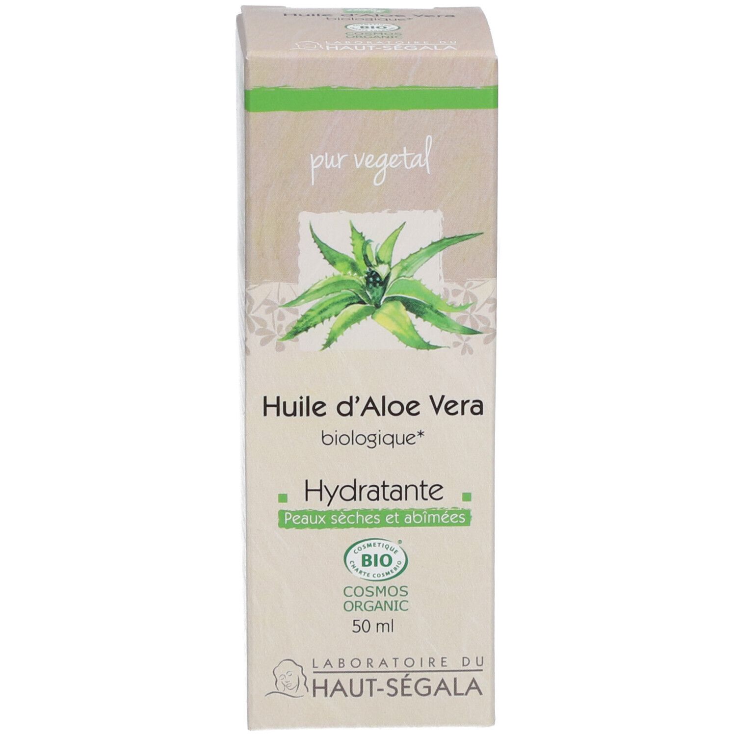 Karton für Aloe Vera Öl. Aufschrift: Huile d'aloe vera biologique, Hydratante, Peaux sèches et abîmées. Bio-Siegel. 50 ml.