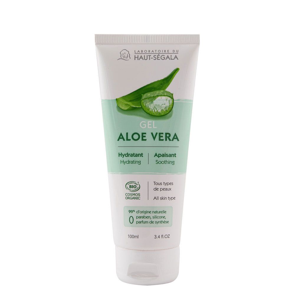 Tube de gel Aloe Vera. Inscription: Gel Aloe Vera, Hydratant, Apaisant. Certification Bio. 99% d'origine naturelle.
