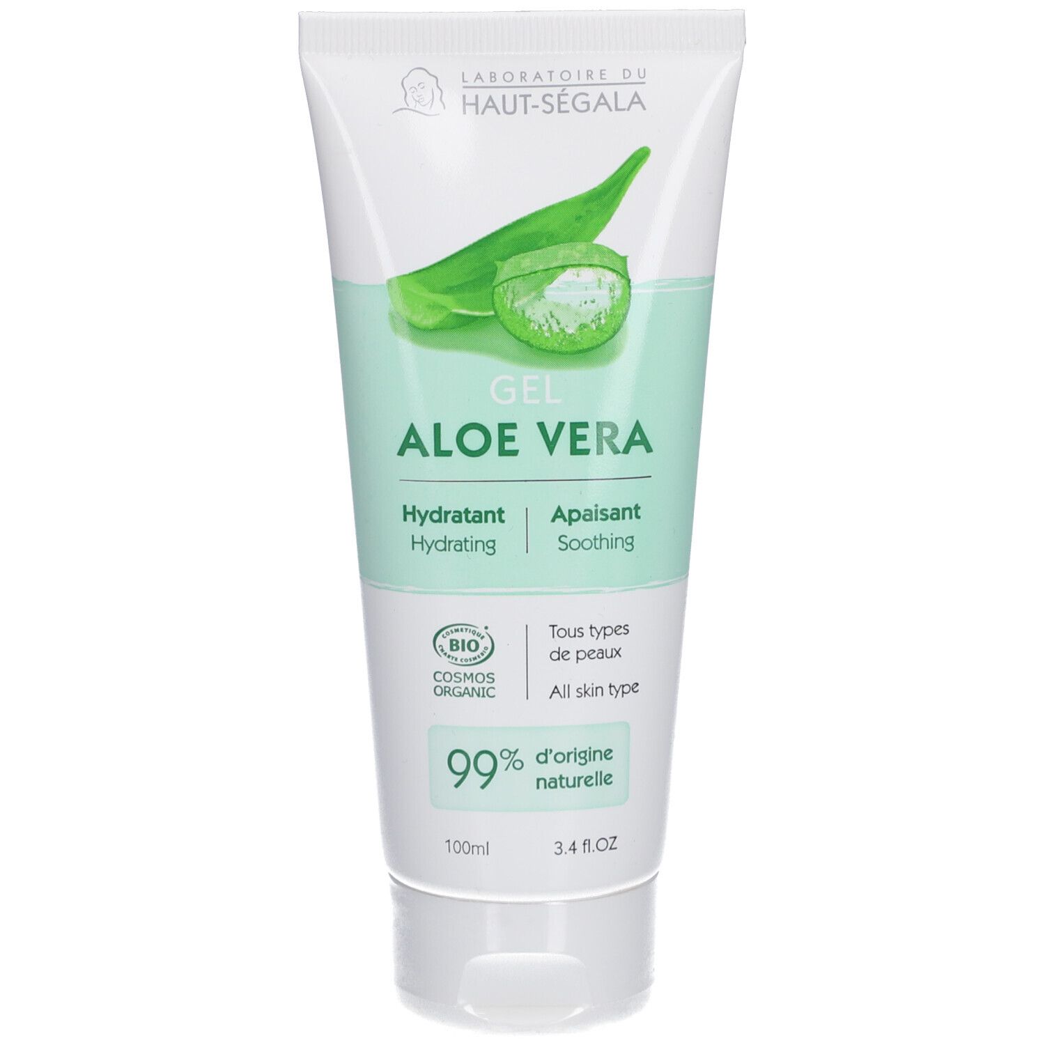 Tube de gel Aloe Vera. Inscription: Gel Aloe Vera, Hydratant, Apaisant. Certification Bio. 99% d'origine naturelle.