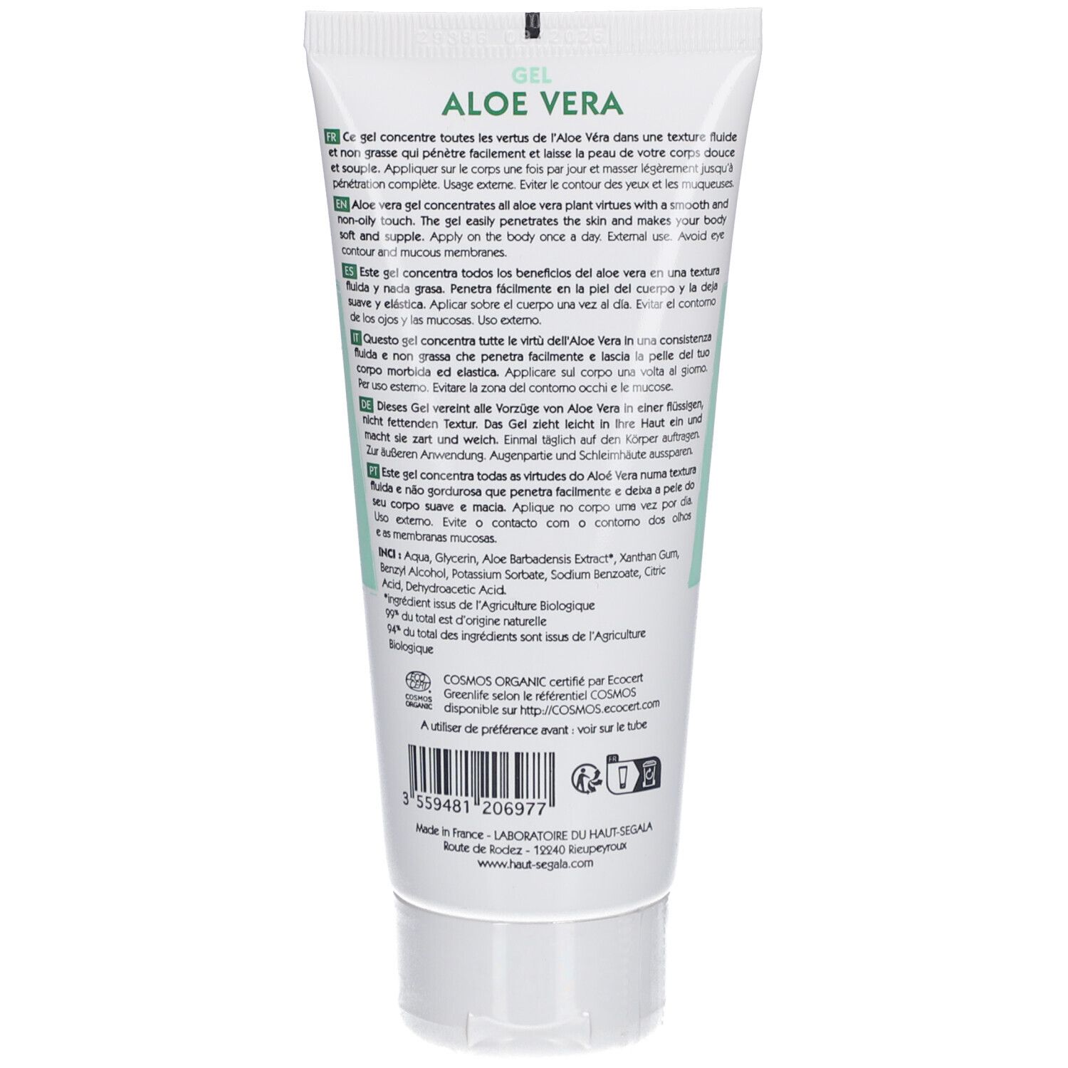 Dos d'un tube de gel Aloe Vera. Texte multilingue. Ingrédients et certification Bio. Code-barres.