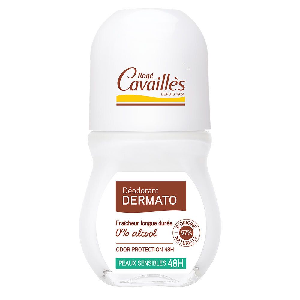 Roll-on-Deodorant. Weißer Behälter mit braunen und weißen Etiketten. Text: Rogé Cavaillès, Dermatologie, 0% Alkohol, 97% natürlich.
