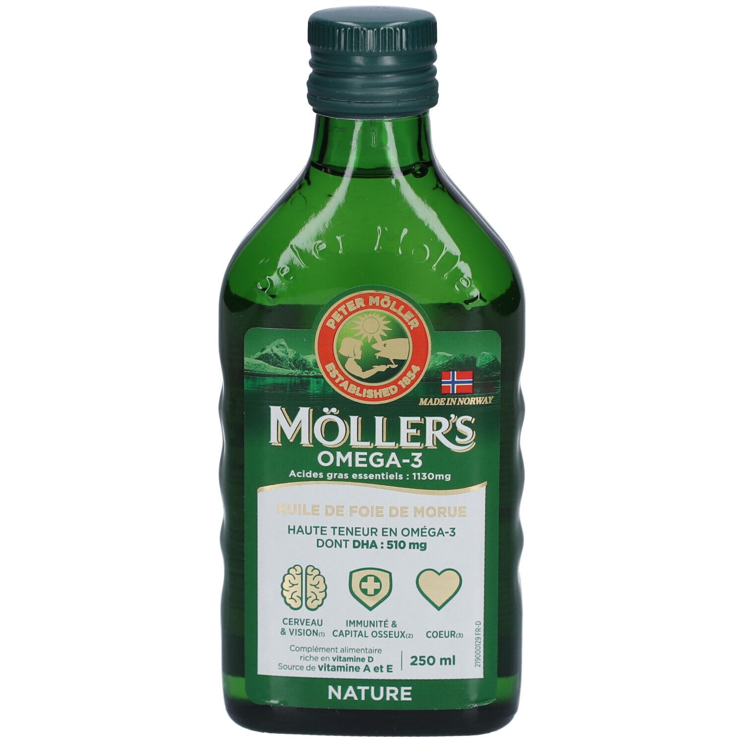 Flacon en verre vert avec étiquette. Möller's Omega-3, huile de foie de morue. Contient DHA et vitamine D. 250 ml.