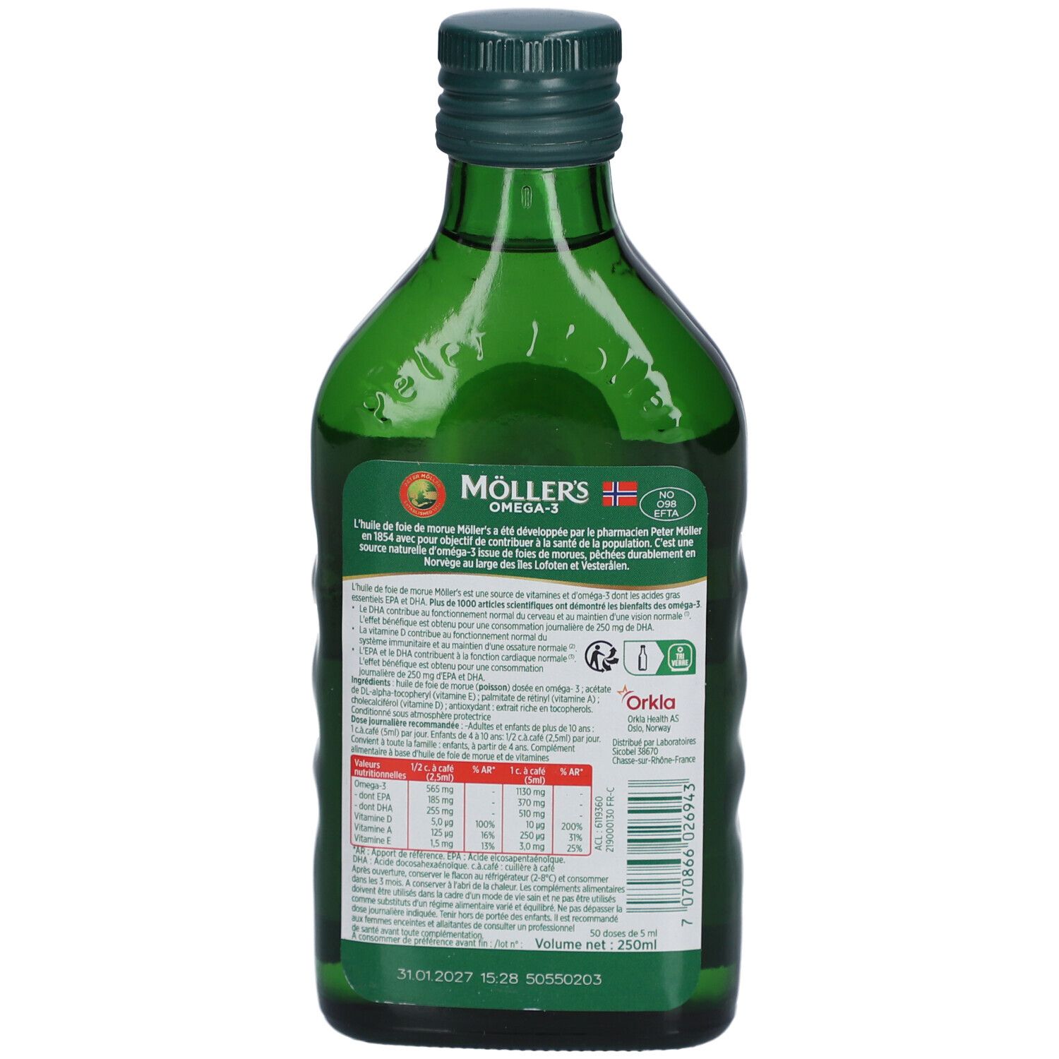 Dos du flacon en verre vert. Contient des informations nutritionnelles et des ingrédients. Möller's Omega-3.