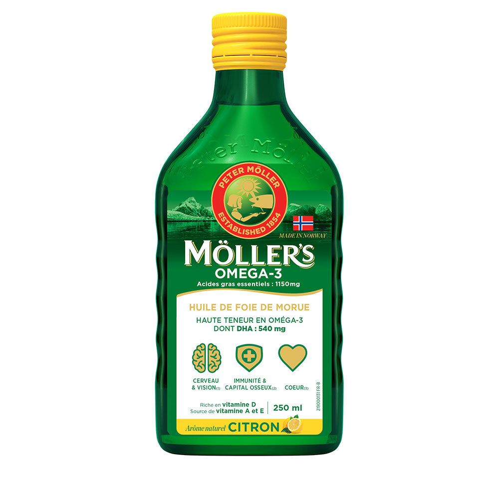 Grüne Flasche mit gelbem Deckel. Beschriftung: Möller's Omega-3, Zitronenaroma. Enthält Omega-3-Fettsäuren.
