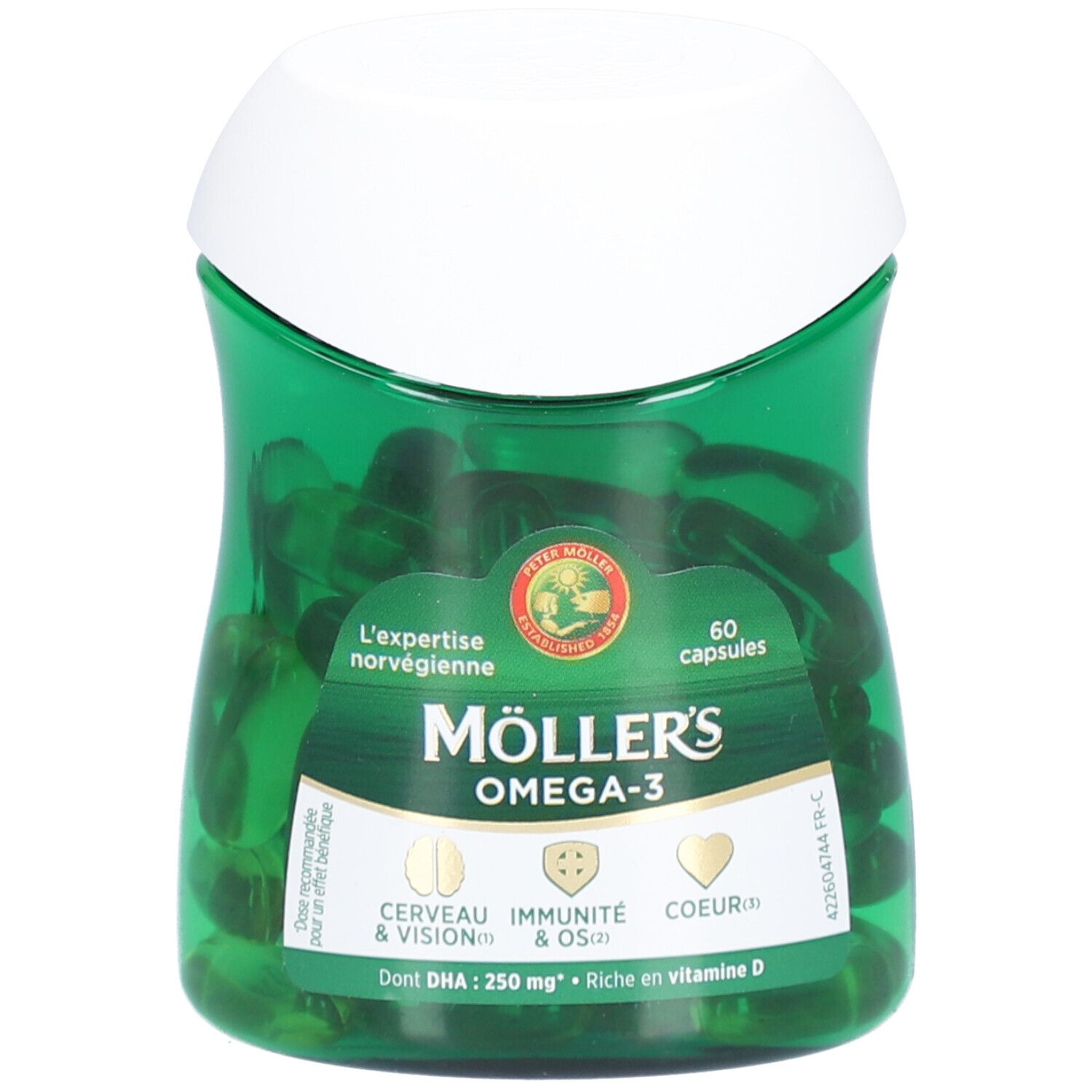 Capsules vertes dans un flacon vert avec couvercle blanc. Inscription: Möller's Omega-3, 60 capsules.