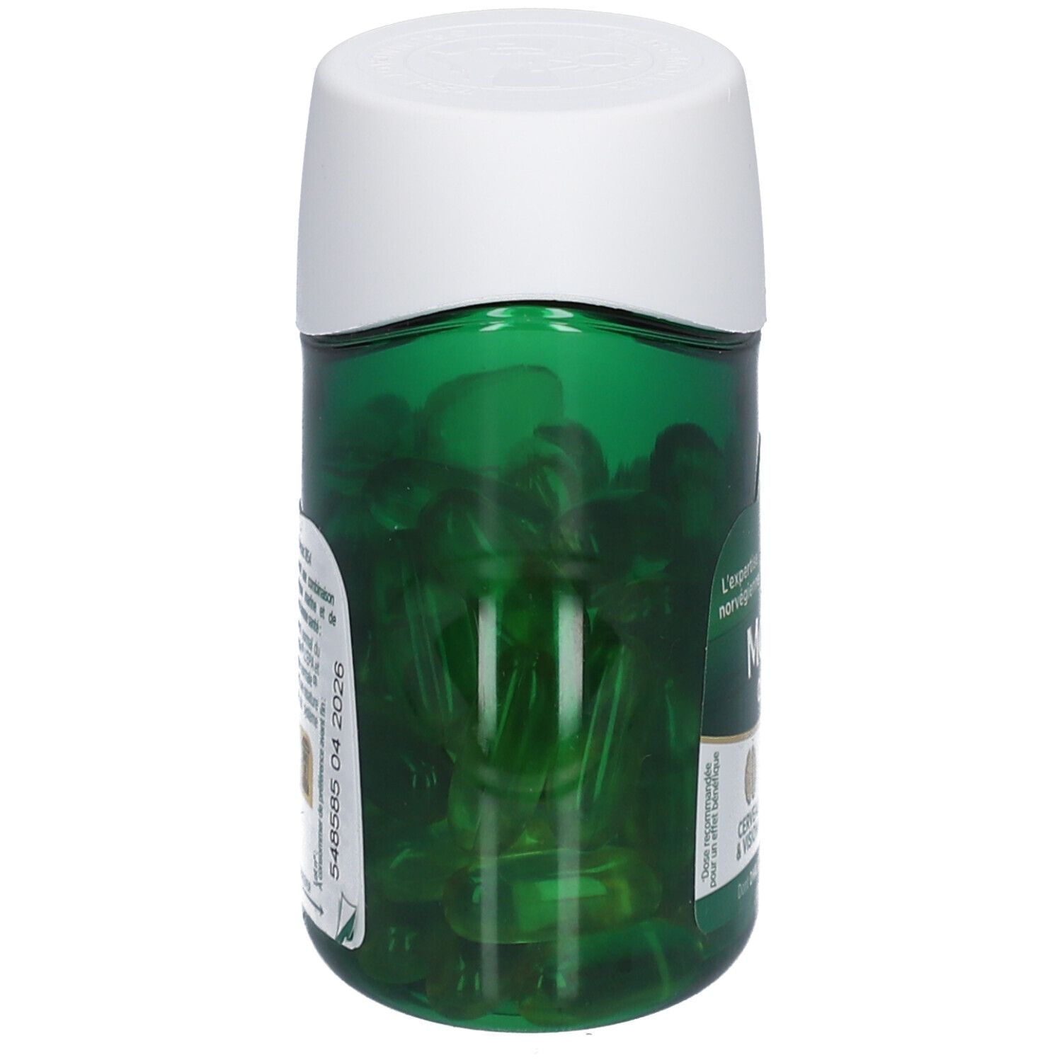Capsules vertes dans un flacon vert avec couvercle blanc. Flacon de côté, étiquette visible.