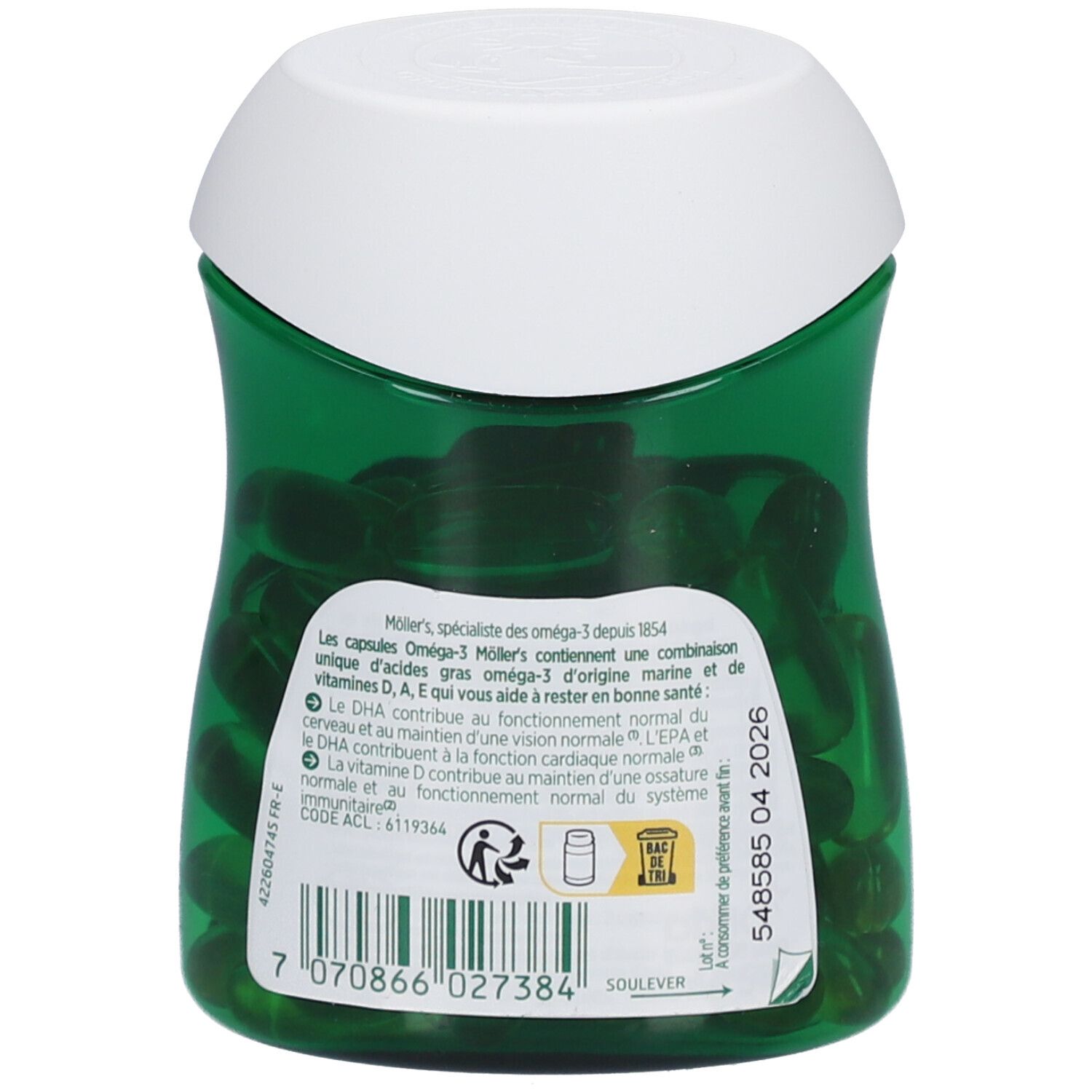 Dos d'un flacon vert avec couvercle blanc. Texte sur l'étiquette: Möller's Omega-3, ingrédients, numéro de lot.