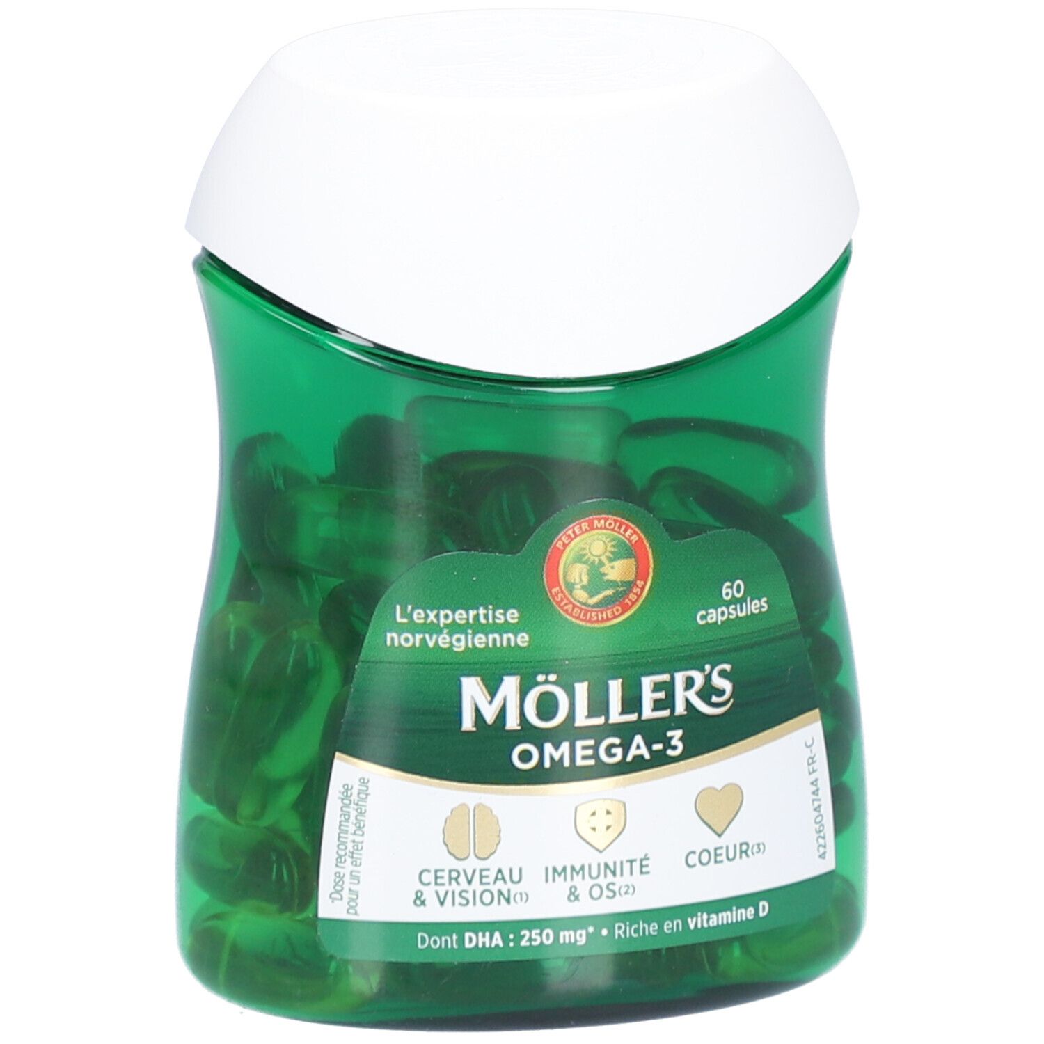 Capsules vertes dans un flacon vert avec couvercle blanc. Inscription: Möller's Omega-3, 60 capsules.