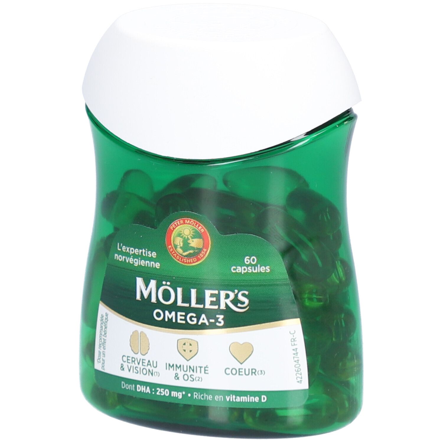 Capsules vertes dans un flacon vert avec couvercle blanc. Inscription: Möller's Omega-3, 60 capsules.