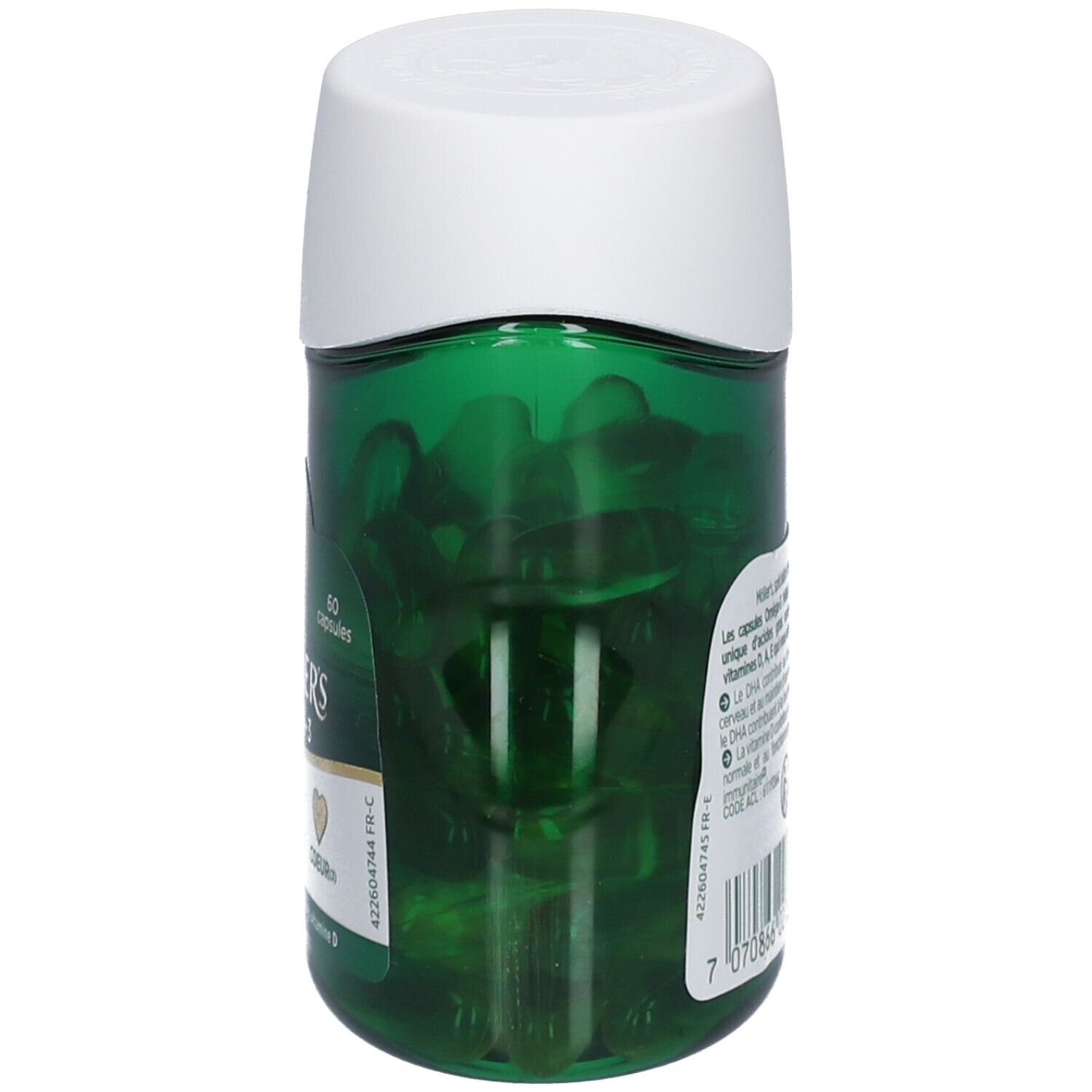 Capsules vertes dans un flacon vert avec couvercle blanc. Flacon de côté, étiquette visible.