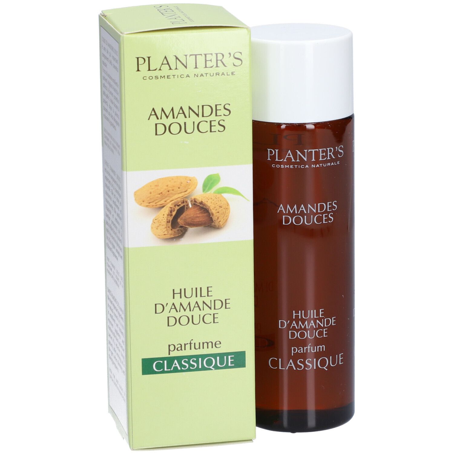 Flacon brun et boîte avec nom du produit et illustration d'amandes. Texte: Huile d'Amande Douce, Parfum Classique.