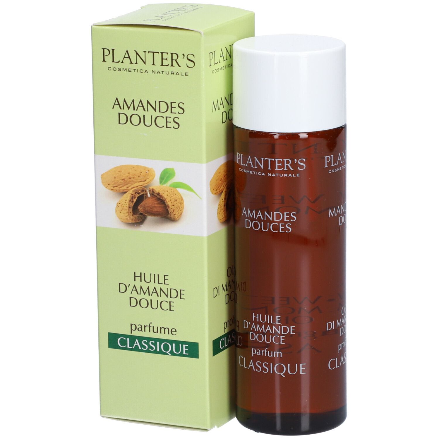 Flacon brun et boîte avec nom du produit et illustration d'amandes. Texte: Huile d'Amande Douce, Parfum Classique.