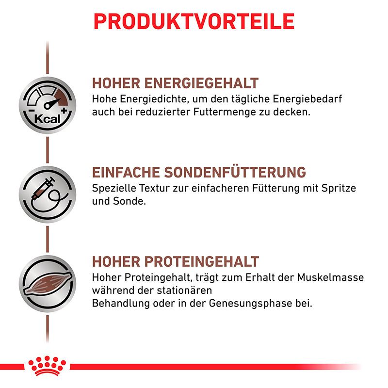 Seite einer Dose ROYAL CANIN® Recovery Ultra weicher Schaum Hund und Katze mit Gewichtsangabe 195g.
