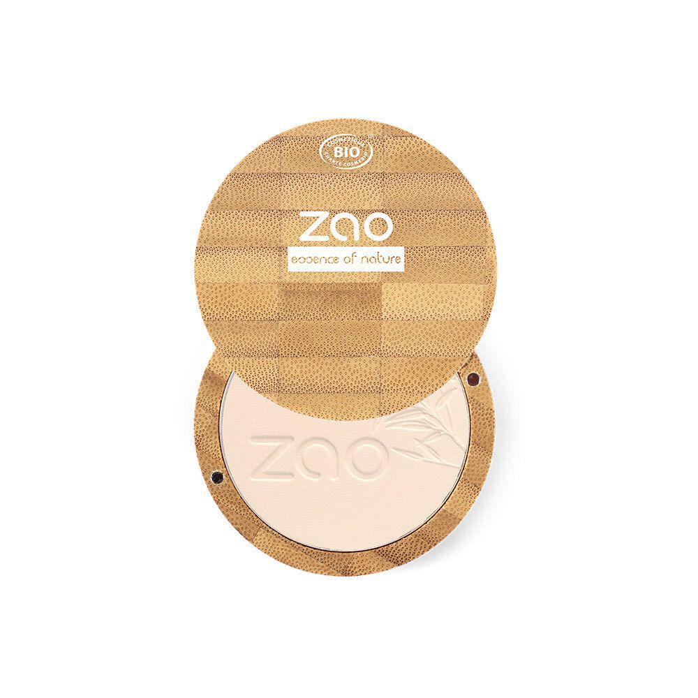 Runder Kompaktpuder mit Bambusdeckel. Marke ZAO, BIO-Zertifizierung. Puder mit Prägung und Logo.