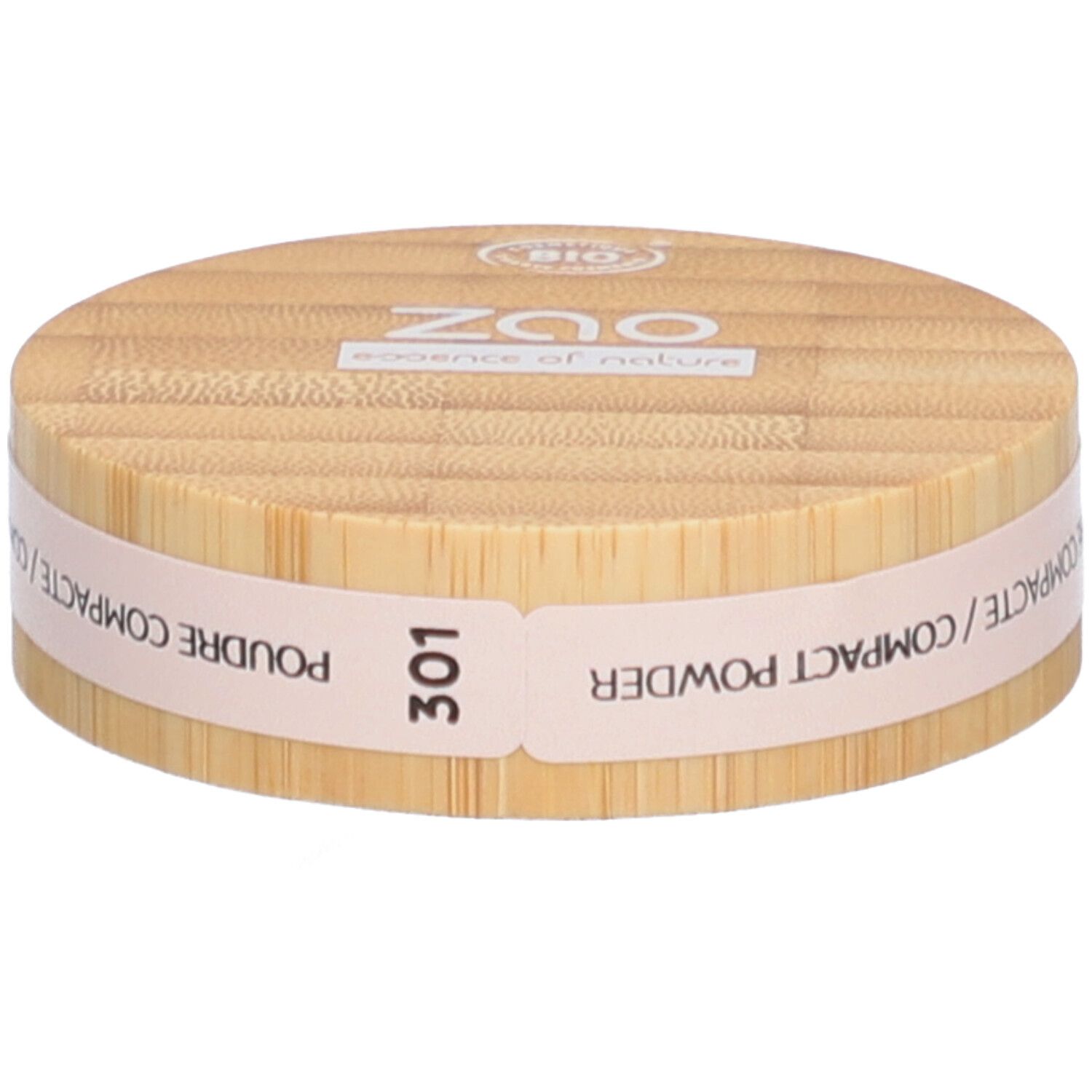 Kompaktpuder-Verpackung aus Holz. Aufschrift: ZAO, 301, Poudre Compacte/Compact Powder. Bio-Siegel.