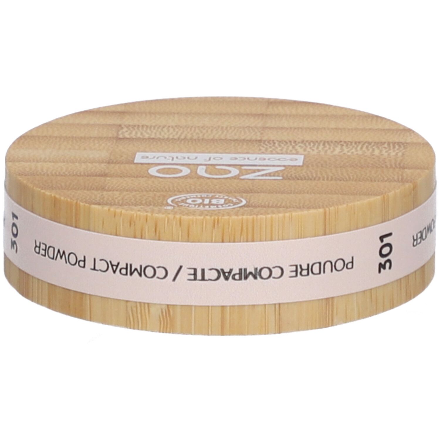 Kompaktpuder-Verpackung aus Holz. Aufschrift: ZAO, 301, Poudre Compacte/Compact Powder. Bio-Siegel.