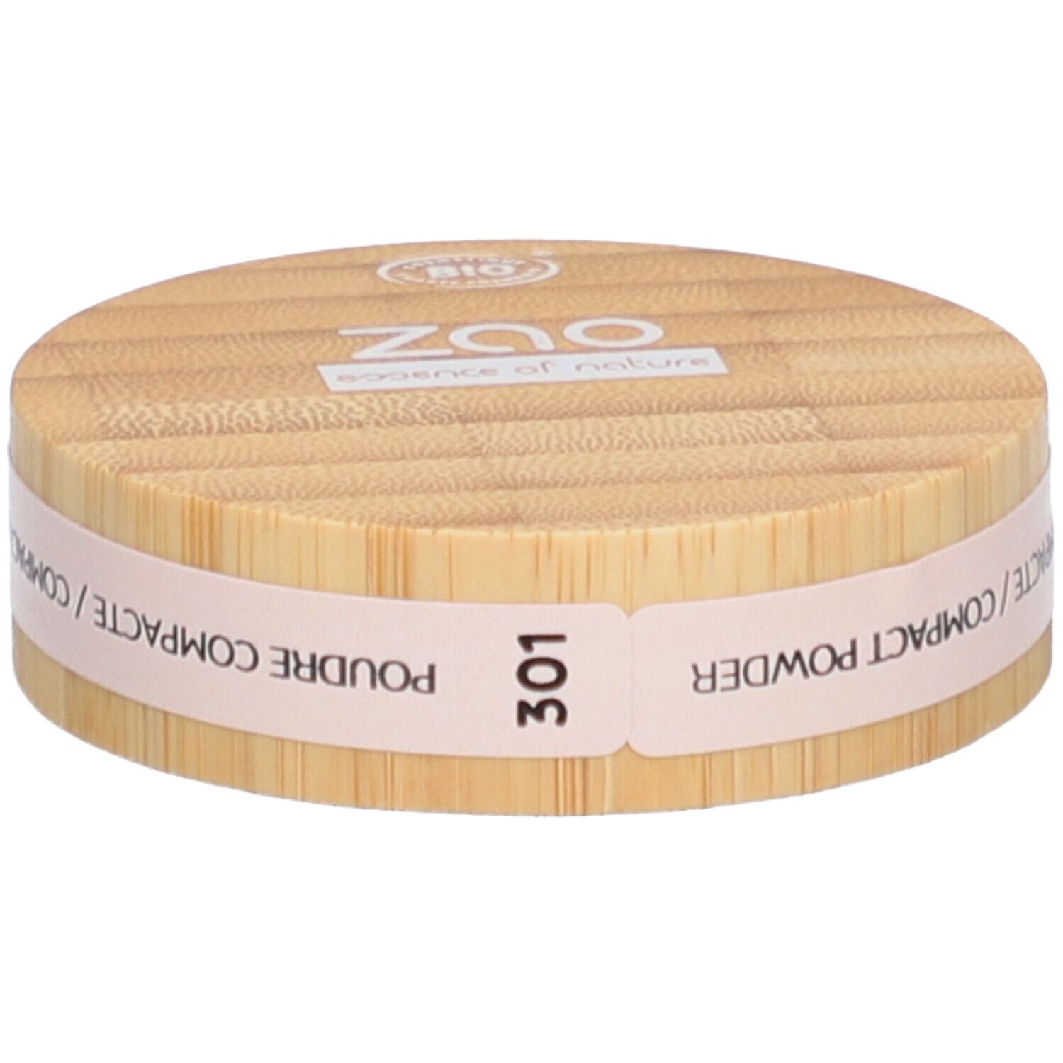 Kompaktpuder-Verpackung aus Holz. Aufschrift: ZAO, 301, Poudre Compacte/Compact Powder. Bio-Siegel.