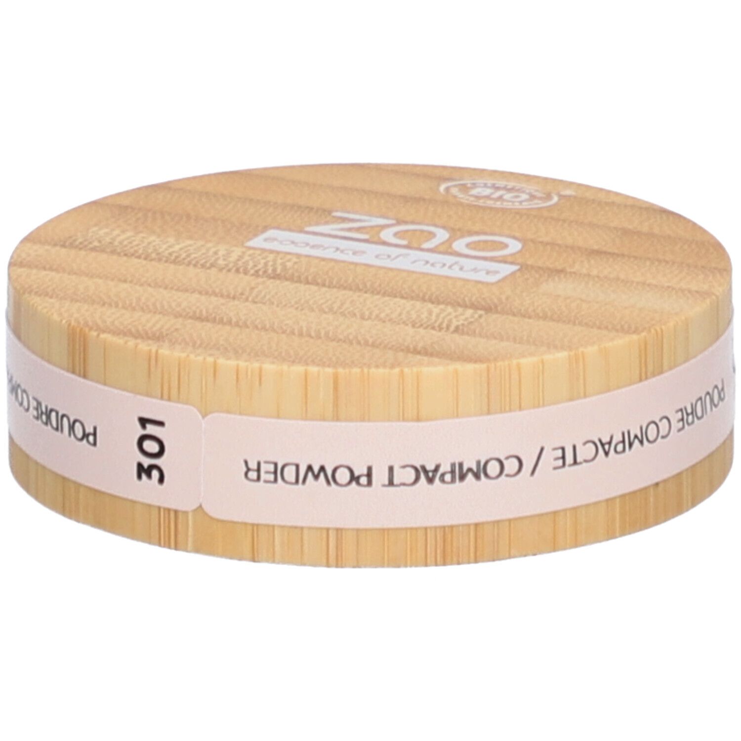 Kompaktpuder-Verpackung aus Holz. Aufschrift: ZAO, 301, Poudre Compacte/Compact Powder. Bio-Siegel.