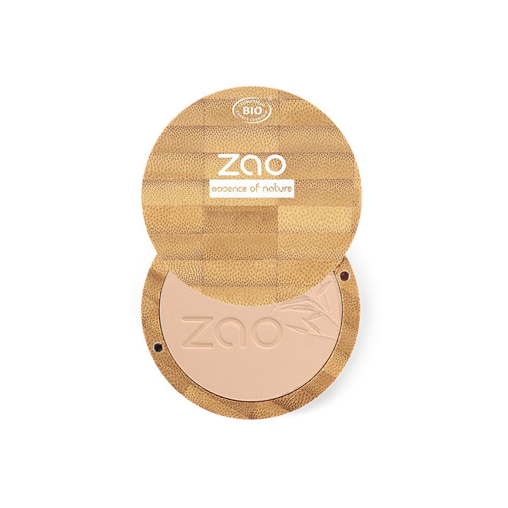 Kompaktpuder mit Bambusdeckel. Marke ZAO, BIO-Zertifizierung. Puderfarbe.