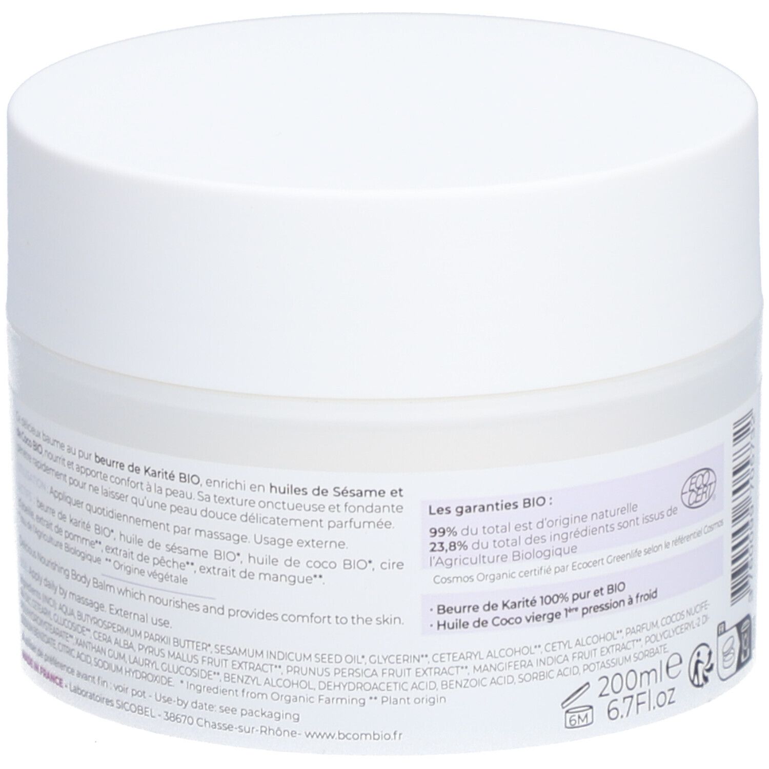 Pot blanc avec couvercle. Dos avec texte. Logo ECOCERT. 200ml, 6.7 fl.oz. Liste des ingrédients.