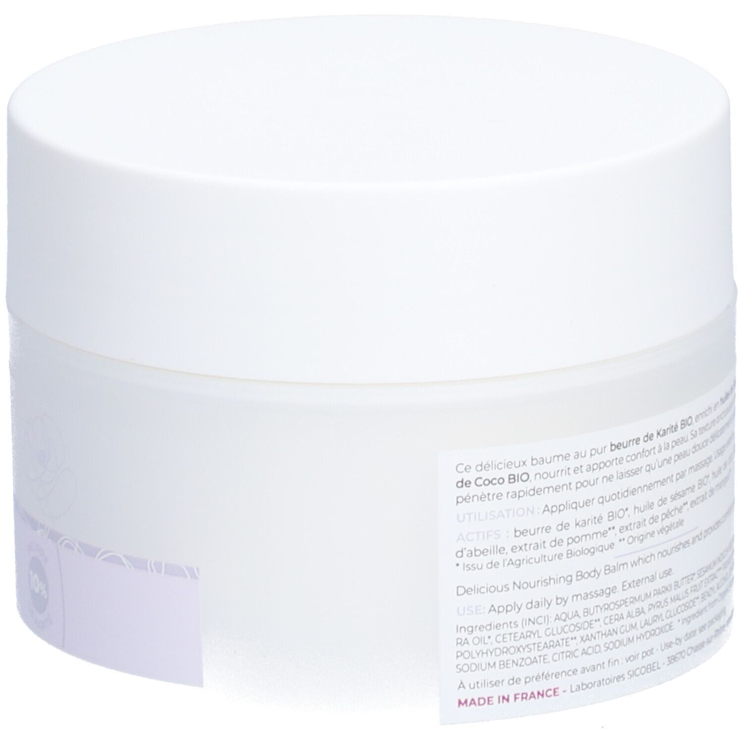 Pot blanc avec couvercle. Dos avec texte. 200ml, 6.7 fl.oz. Fabriqué en France.