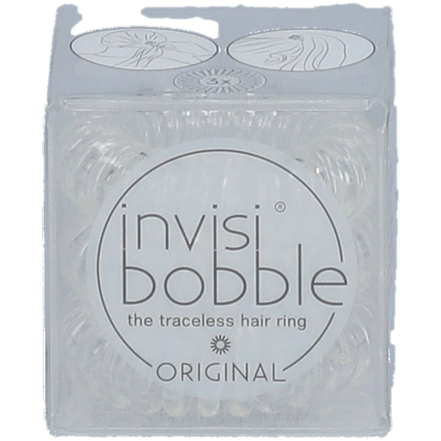 Élastiques à cheveux clairs en spirale dans un emballage cubique transparent. "invisibobble® ORIGINAL" est visible.