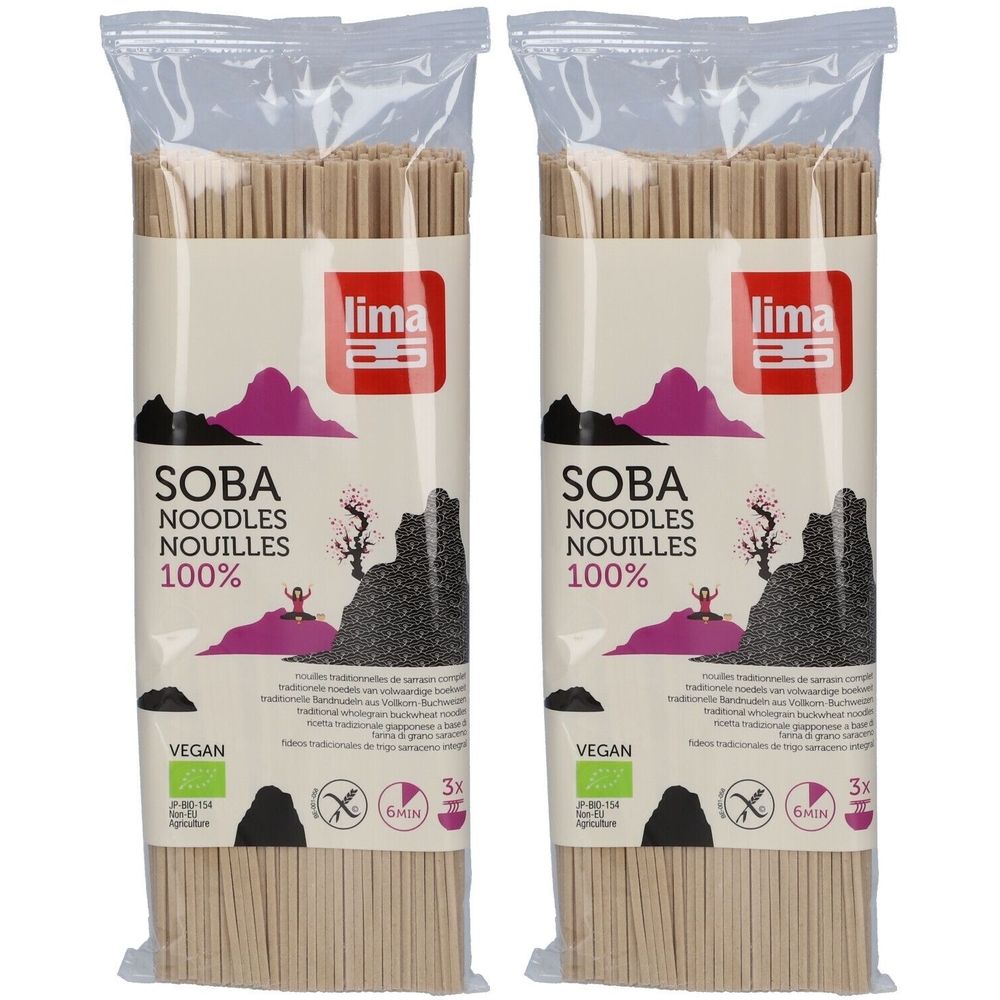 Zwei Packungen Bio-Soba-Nudeln. Aufdruck: „Lima“, „Soba Noodles Nouilles 100%“, Vegan-Siegel. Klarsichtverpackung mit Nudeln.