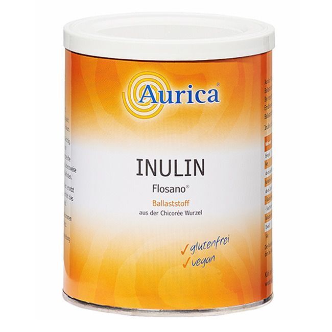 Zylindrische Dose mit weißem Deckel. Aufschrift: Aurica, Inulin Flosano, glutenfrei, vegan. Gelb-oranger Hintergrund.