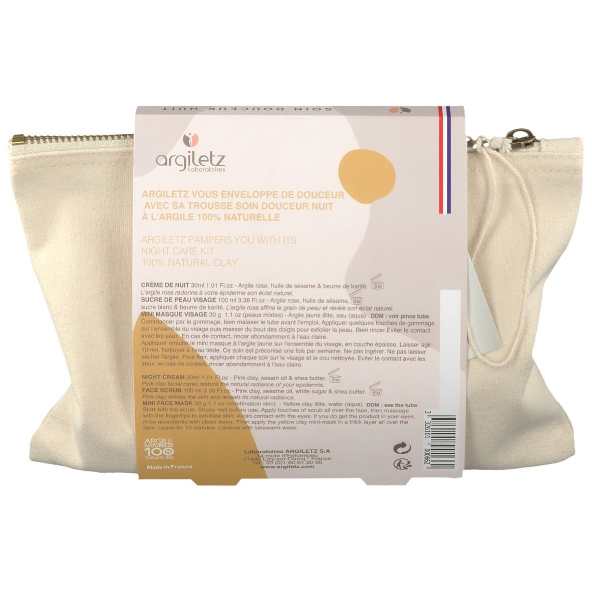 Rückseite der Argiletz-Verpackung mit Produktinformationen. Text in Französisch. Beige Kosmetiktasche im Hintergrund.