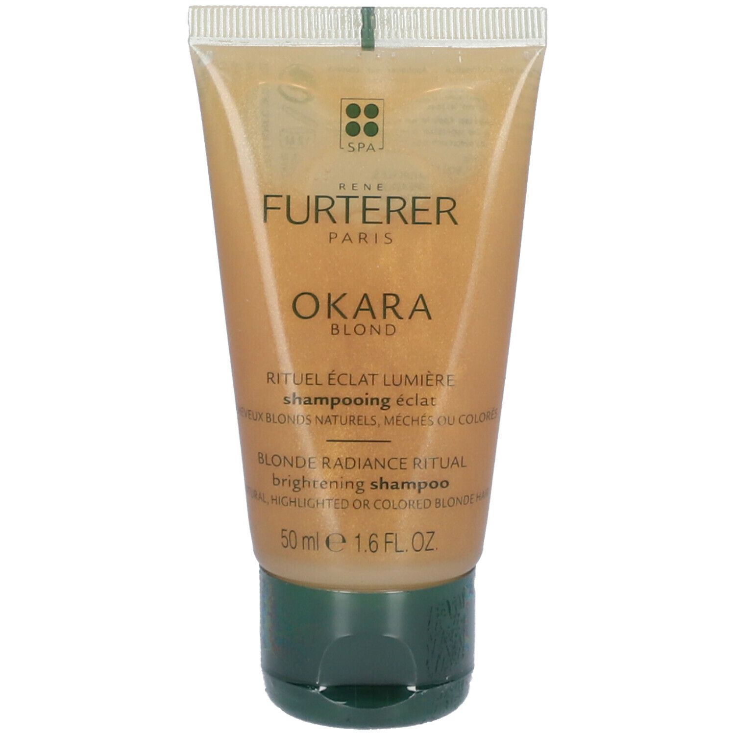 Tube Shampooing. Marke: RENE FURTERER. Text: OKARA BLOND, RITUEL ÉCLAT LUMIÈRE, brightening shampoo. Grün-braune Verpackung.
