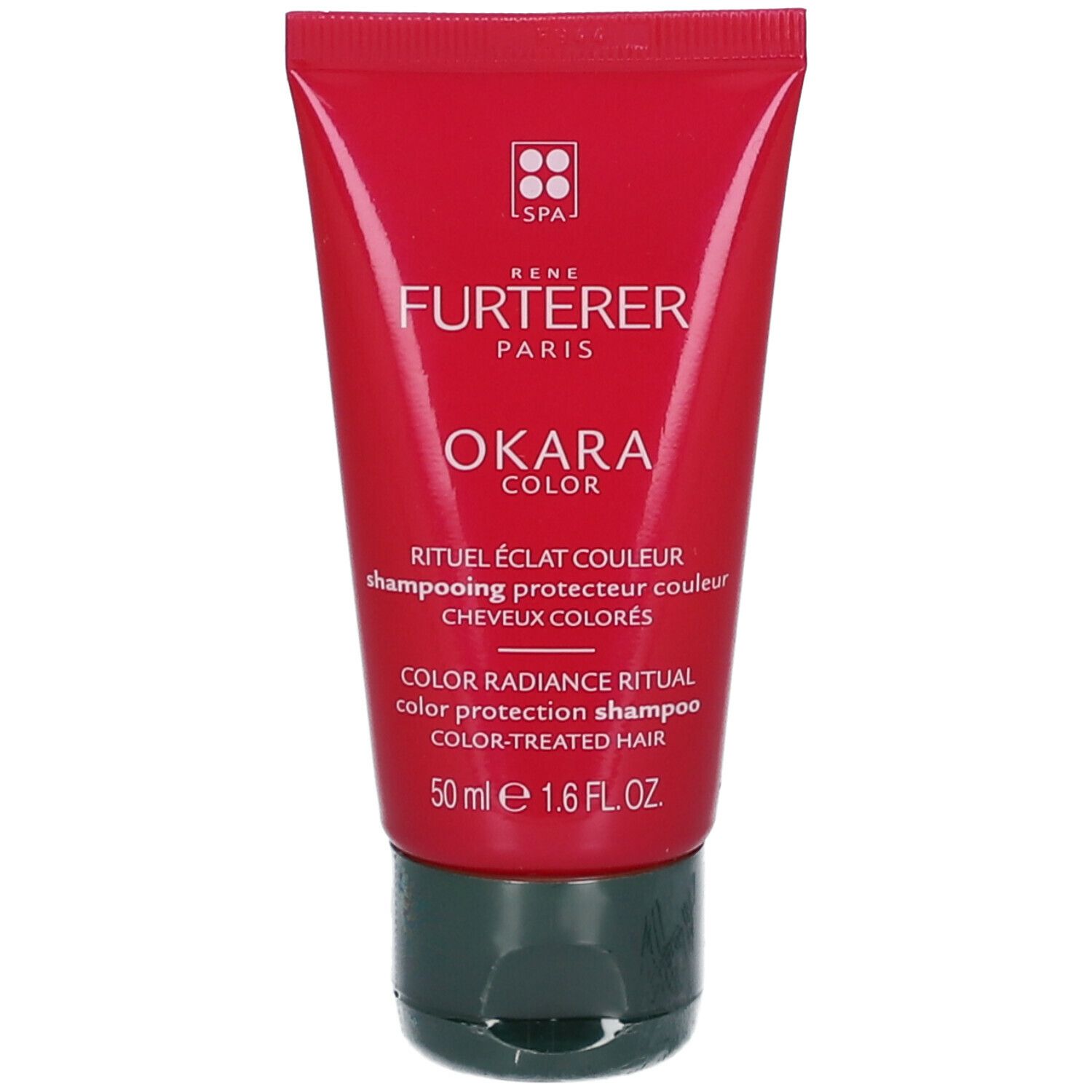 Tube rouge de shampooing. Inscription: RENE FURTERER OKARA COLOR. Texte en français et anglais. 50 ml.