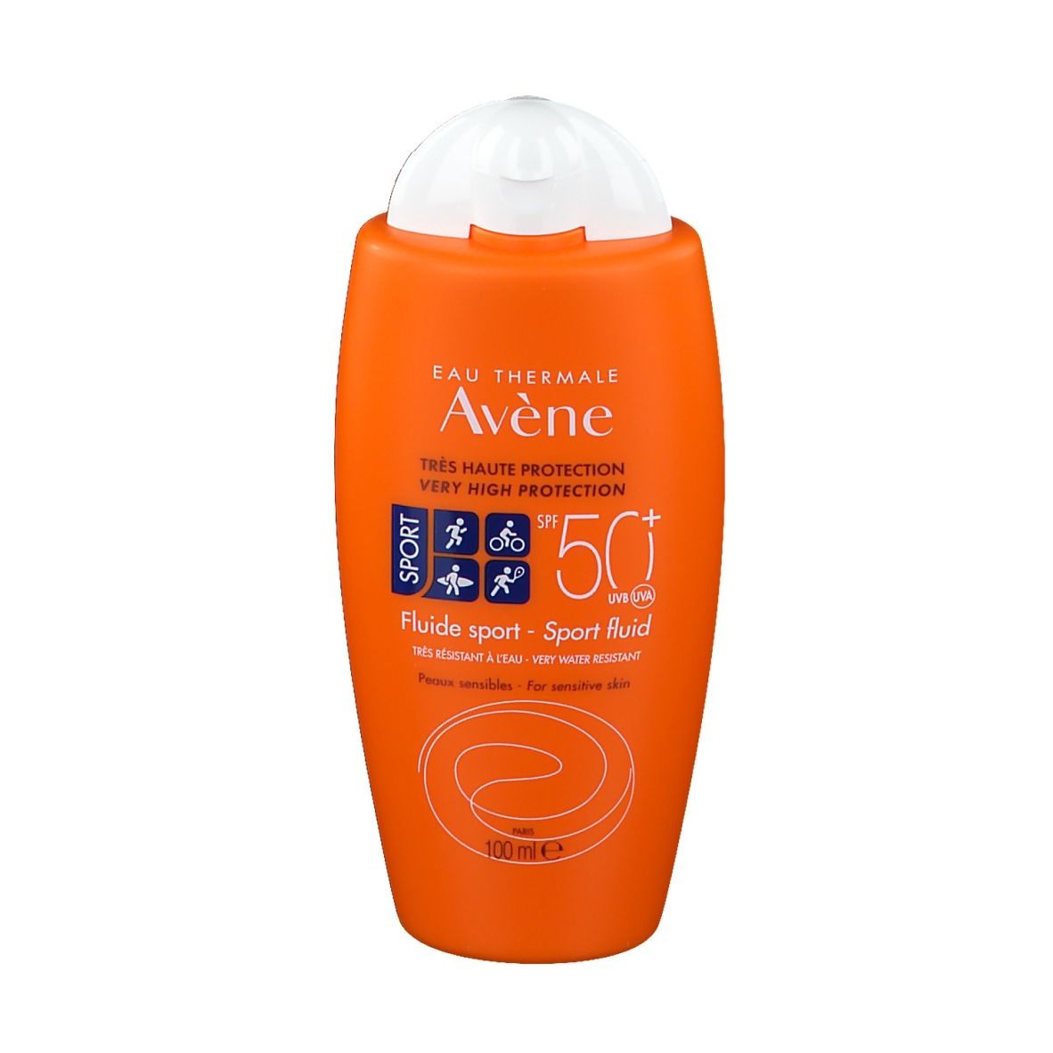 Orange Flasche mit weißem Deckel. Aufschrift: Eau Thermale Avène, Sport, SPF 50+. 100 ml.