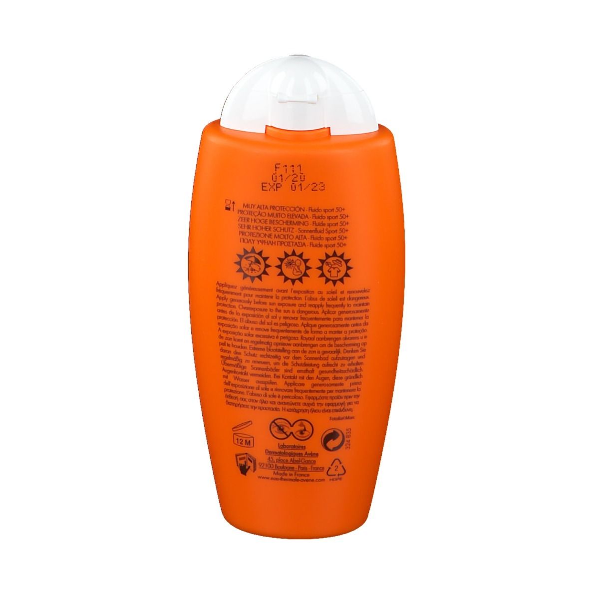 Rückseite einer orangefarbenen Flasche. Text und Logos. Haltbarkeit bis 01/23. 12M-Symbol.