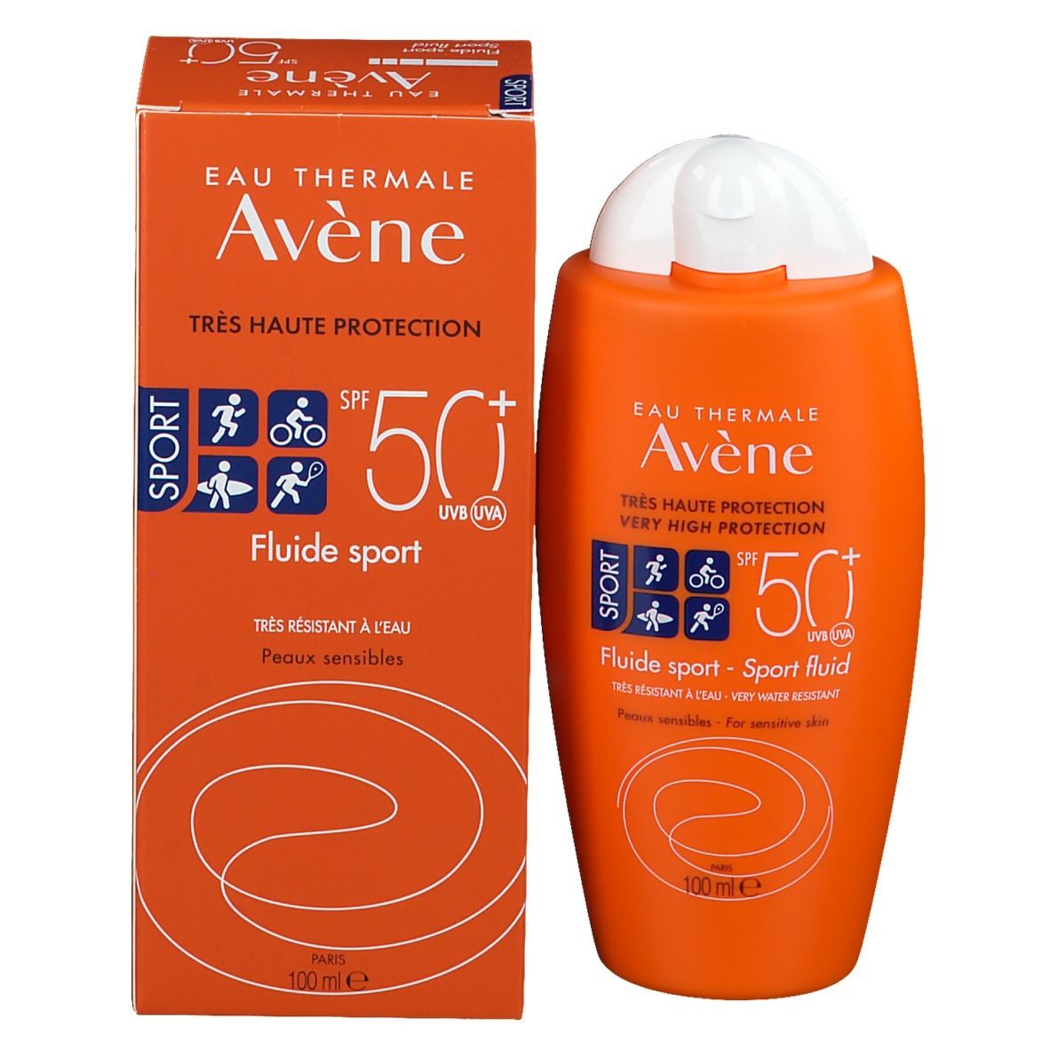 Produktverpackung und Flasche. Orangefarbene Verpackung und Flasche. Aufschrift: Eau Thermale Avène, SPF 50+.
