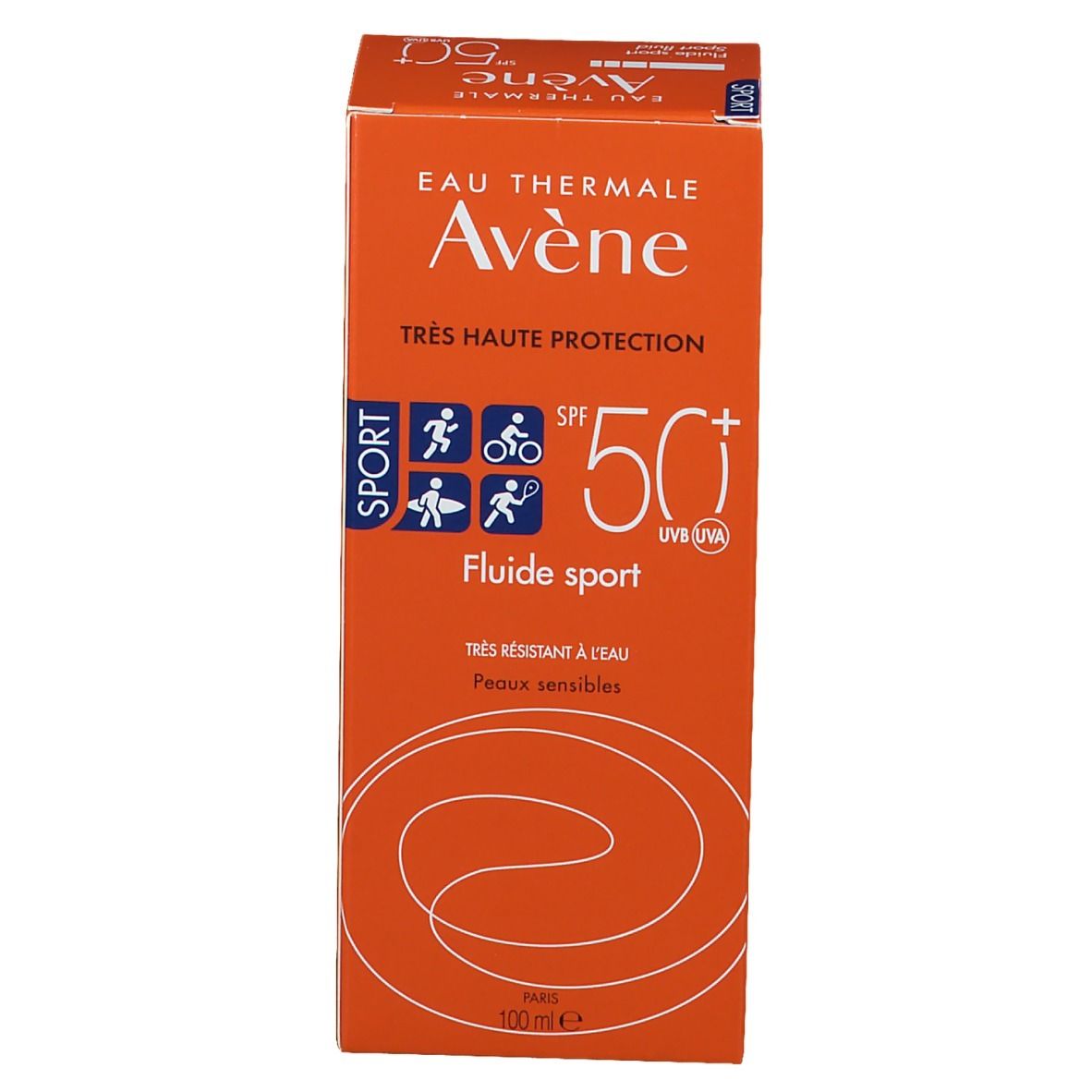 Orangefarbene Verpackung. Aufschrift: Eau Thermale Avène, Sport, SPF 50+. 100 ml. Text und Logos.