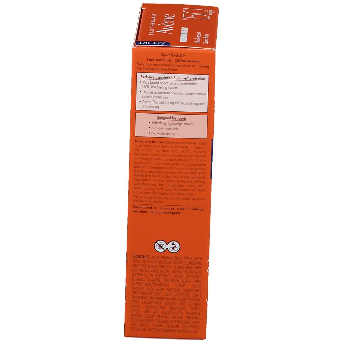 Seite der Verpackung. Text und Logos. Aufschrift: Eau Thermale Avène, Sport, SPF 50+.