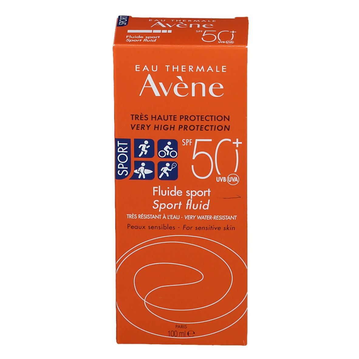 Produktverpackung. Aufschrift: Eau Thermale Avène, Sport, SPF 50+. 100 ml. Text und Logos.