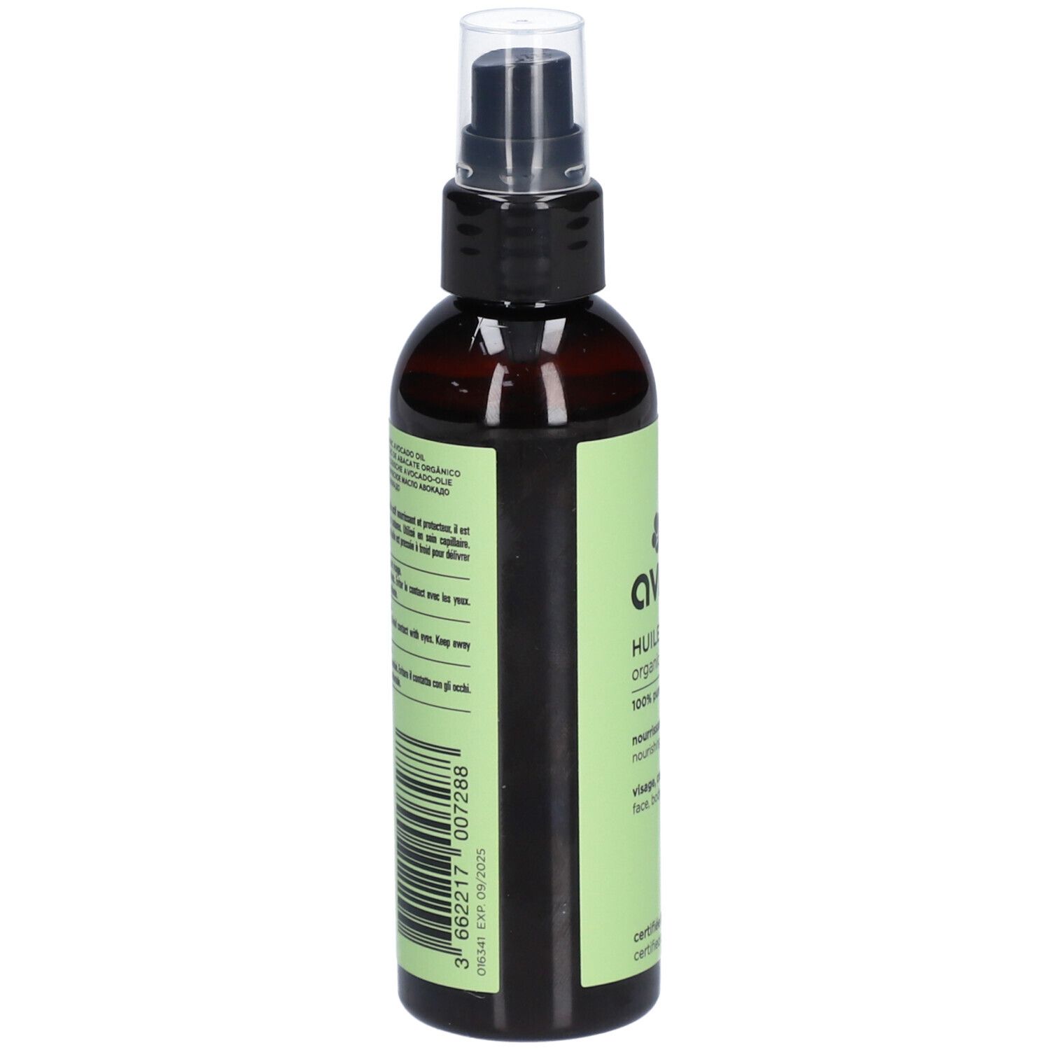 Rückseite der braunen Sprühflasche mit grünem Etikett. Text in französischer Sprache. Barcode und Haltbarkeitsdatum.