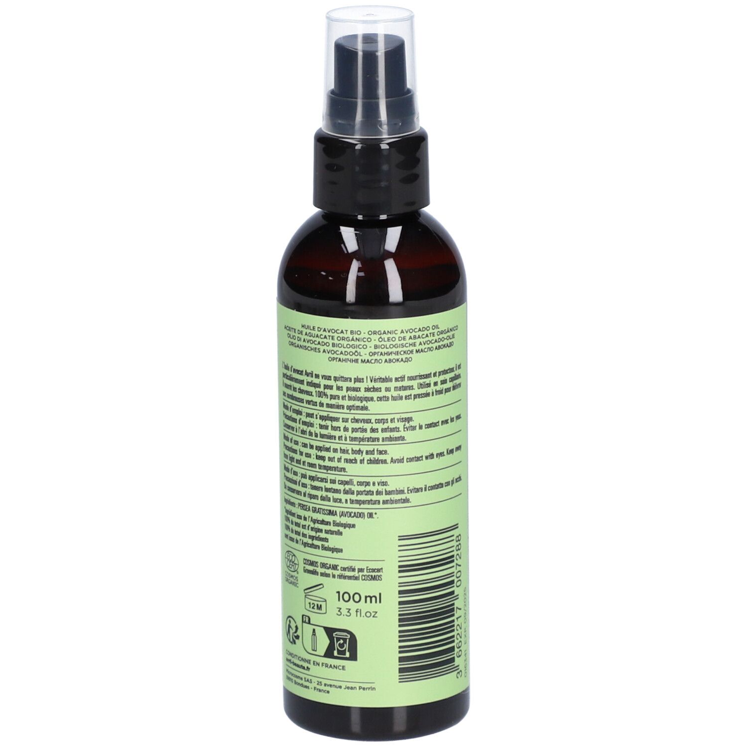 Rückseite der braunen Sprühflasche mit grünem Etikett. Text in mehreren Sprachen. Zertifizierungen und Angaben.