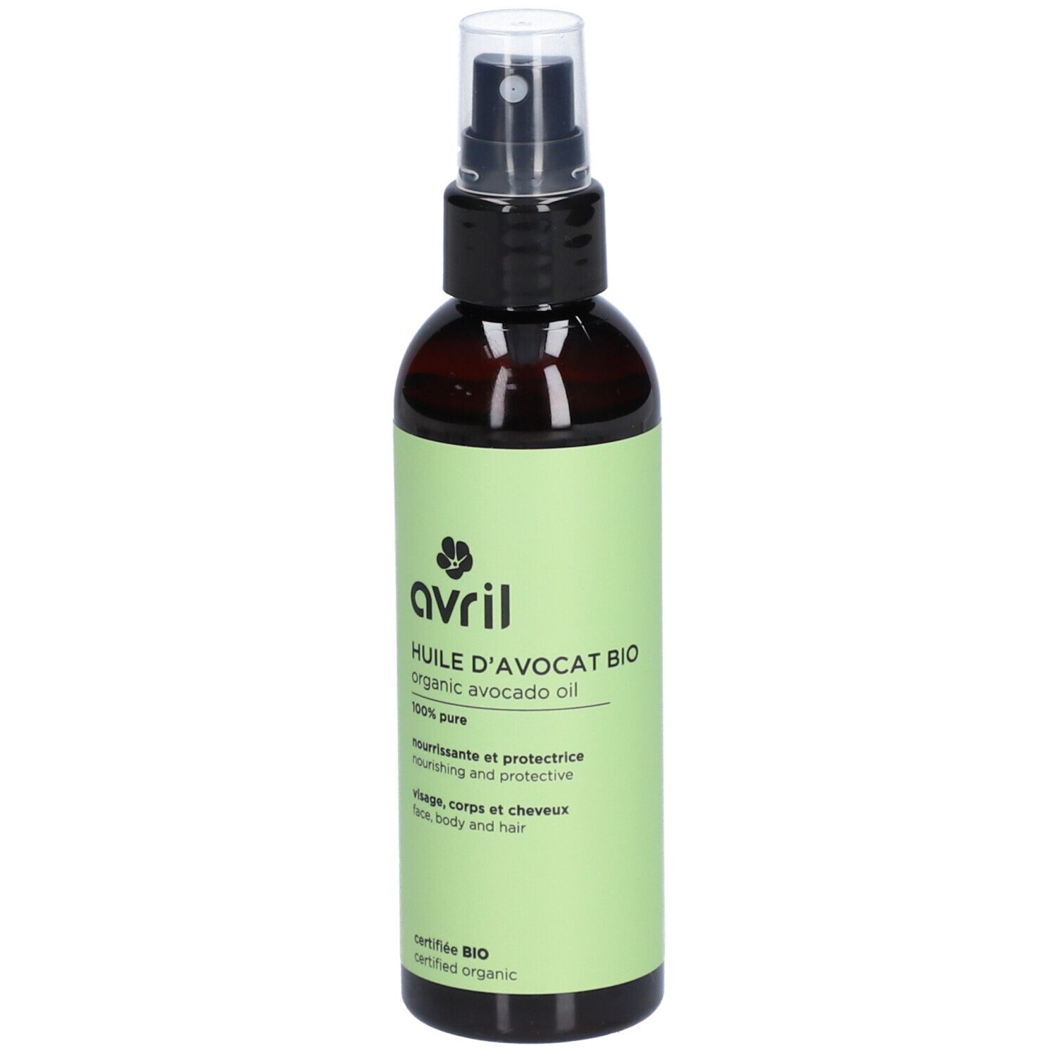 Braune Sprühflasche mit grünem Etikett. Aufschrift: Avril, Huile d'avocat bio, 100% pure. Zertifiziert Bio.