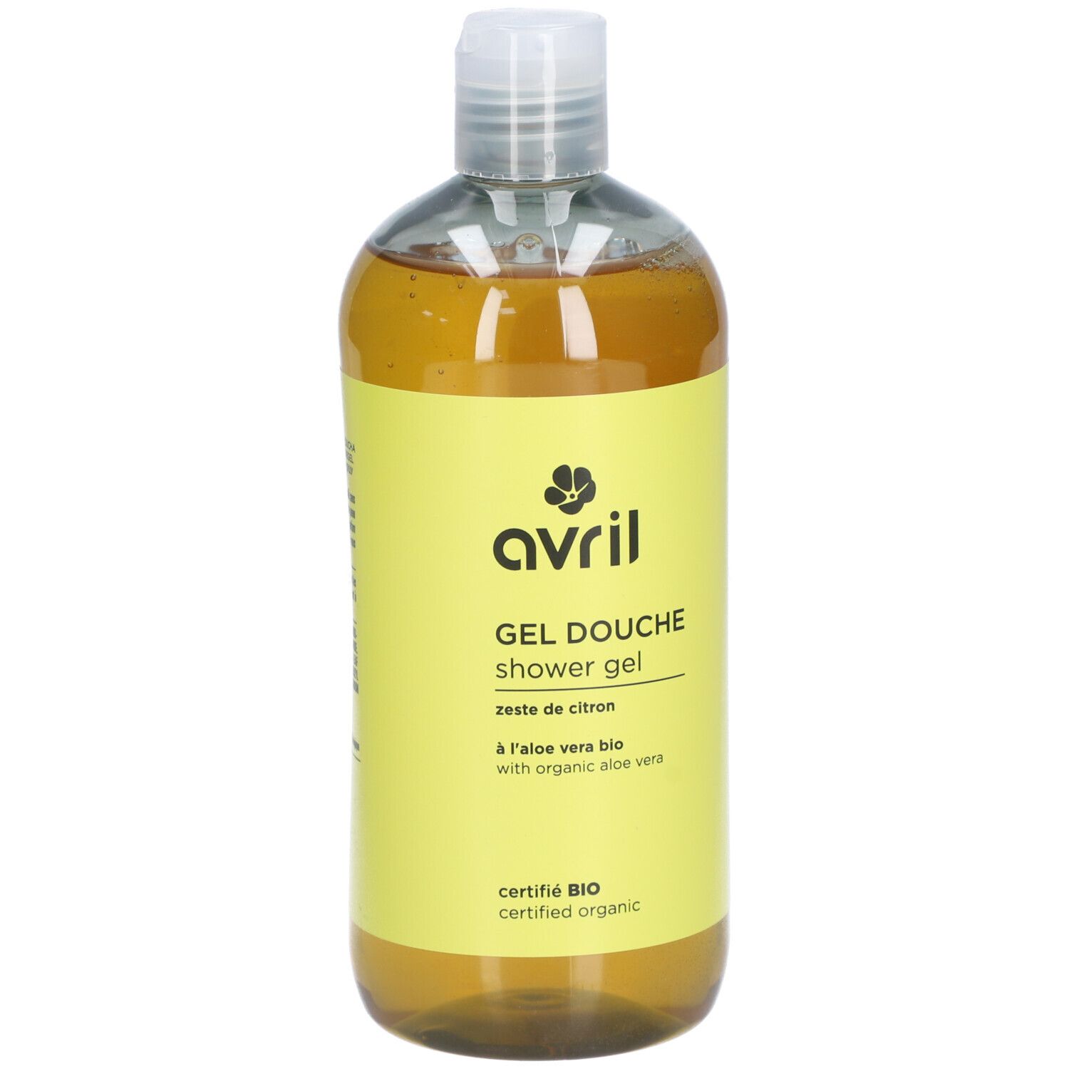 Klare Flasche mit gelbem Etikett. Aufschrift: AVRIL Gel Douche Zeste de Citron. Bio-Zertifizierung.