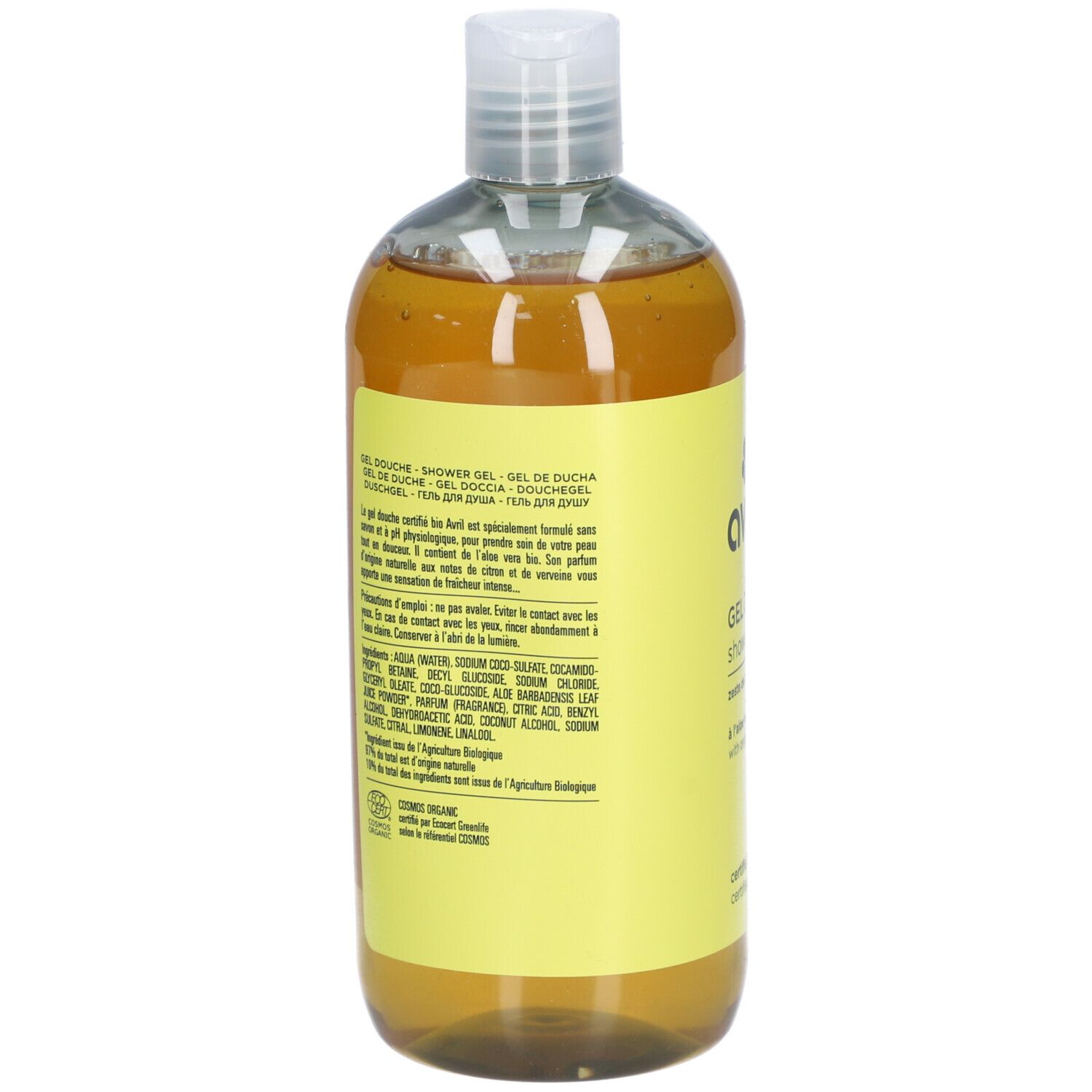 Rückseite der Flasche. Text mit Inhaltsstoffen und Anweisungen. Bio-Zertifizierung. Transparente Flüssigkeit sichtbar.