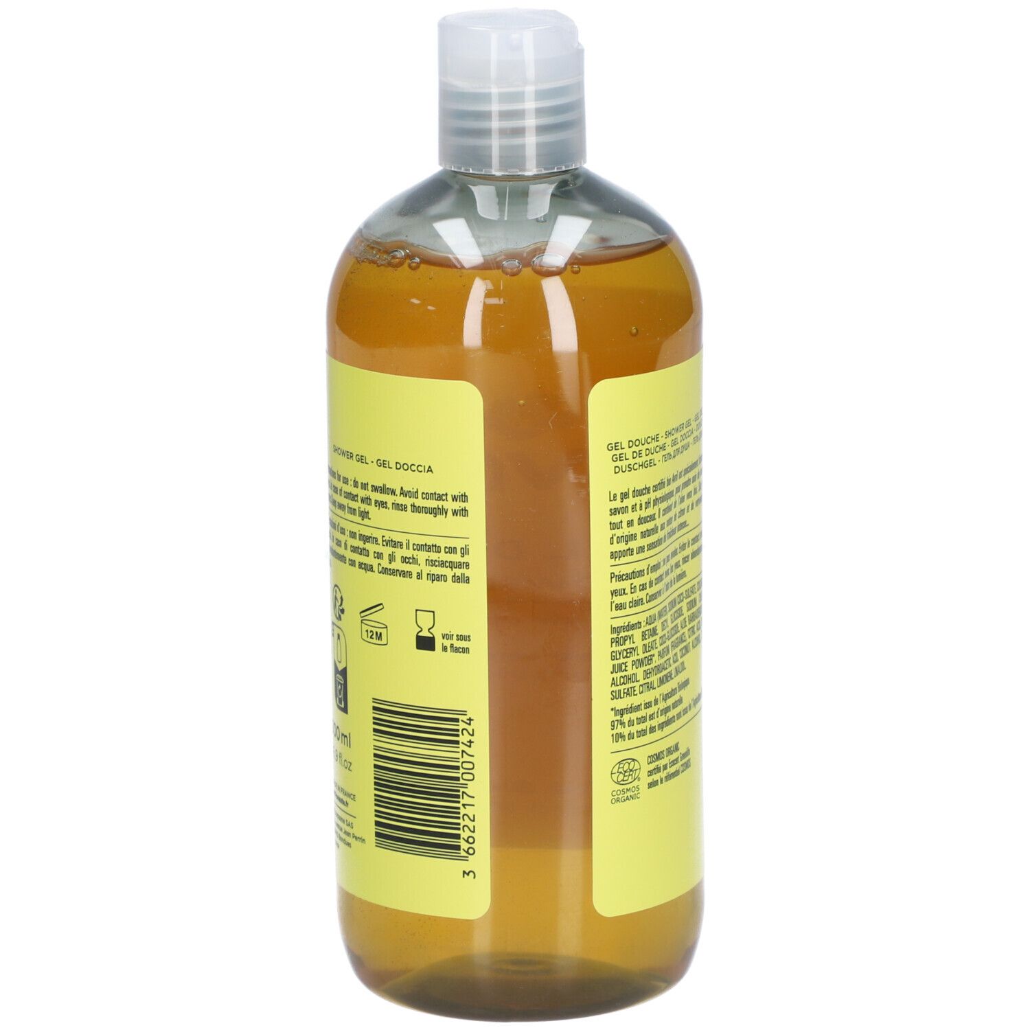 Rückseite der Flasche. Text mit Inhaltsstoffen und Anweisungen. Bio-Zertifizierung. Transparente Flüssigkeit sichtbar.