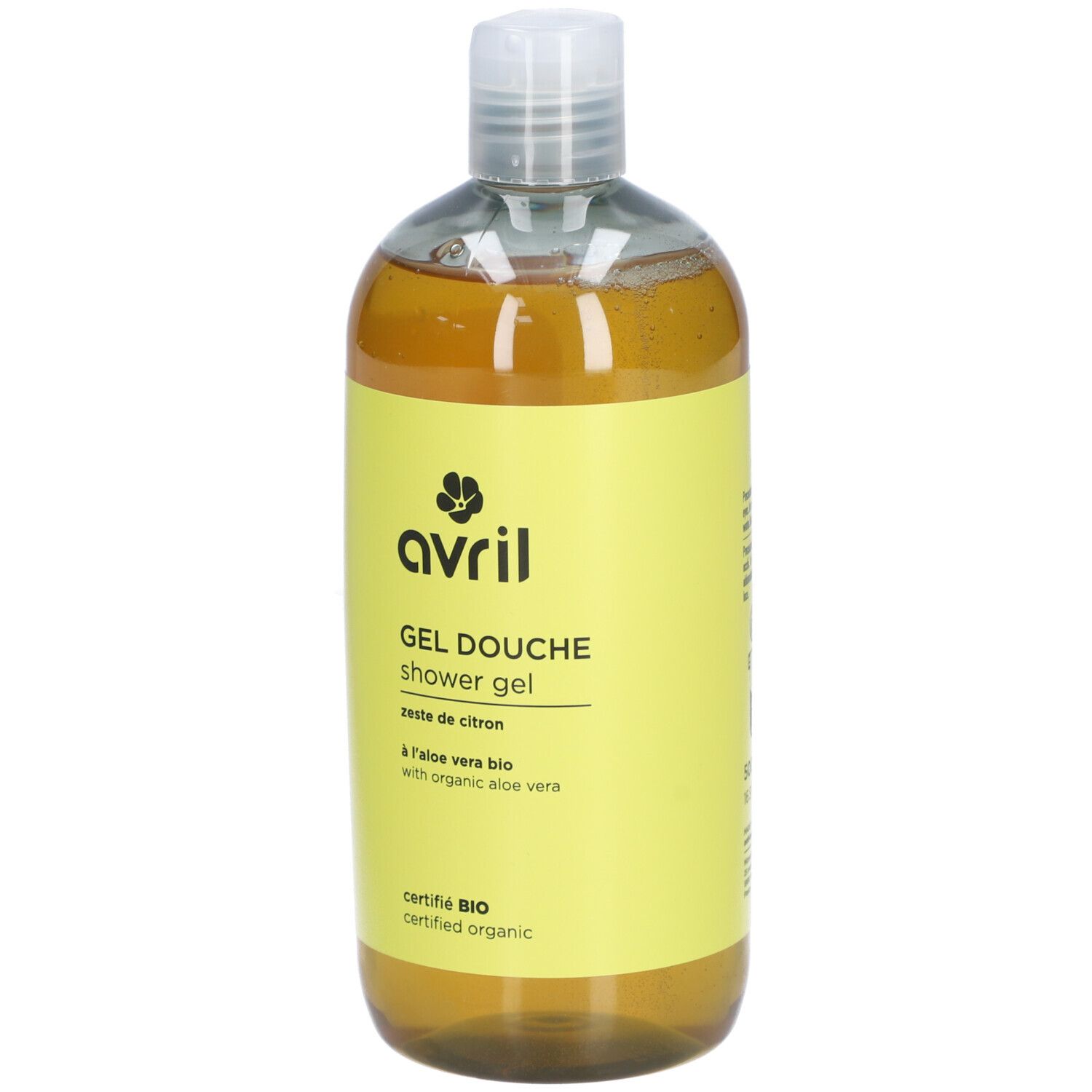 Klare Flasche mit gelbem Etikett. Aufschrift: AVRIL Gel Douche Zeste de Citron. Bio-Zertifizierung.