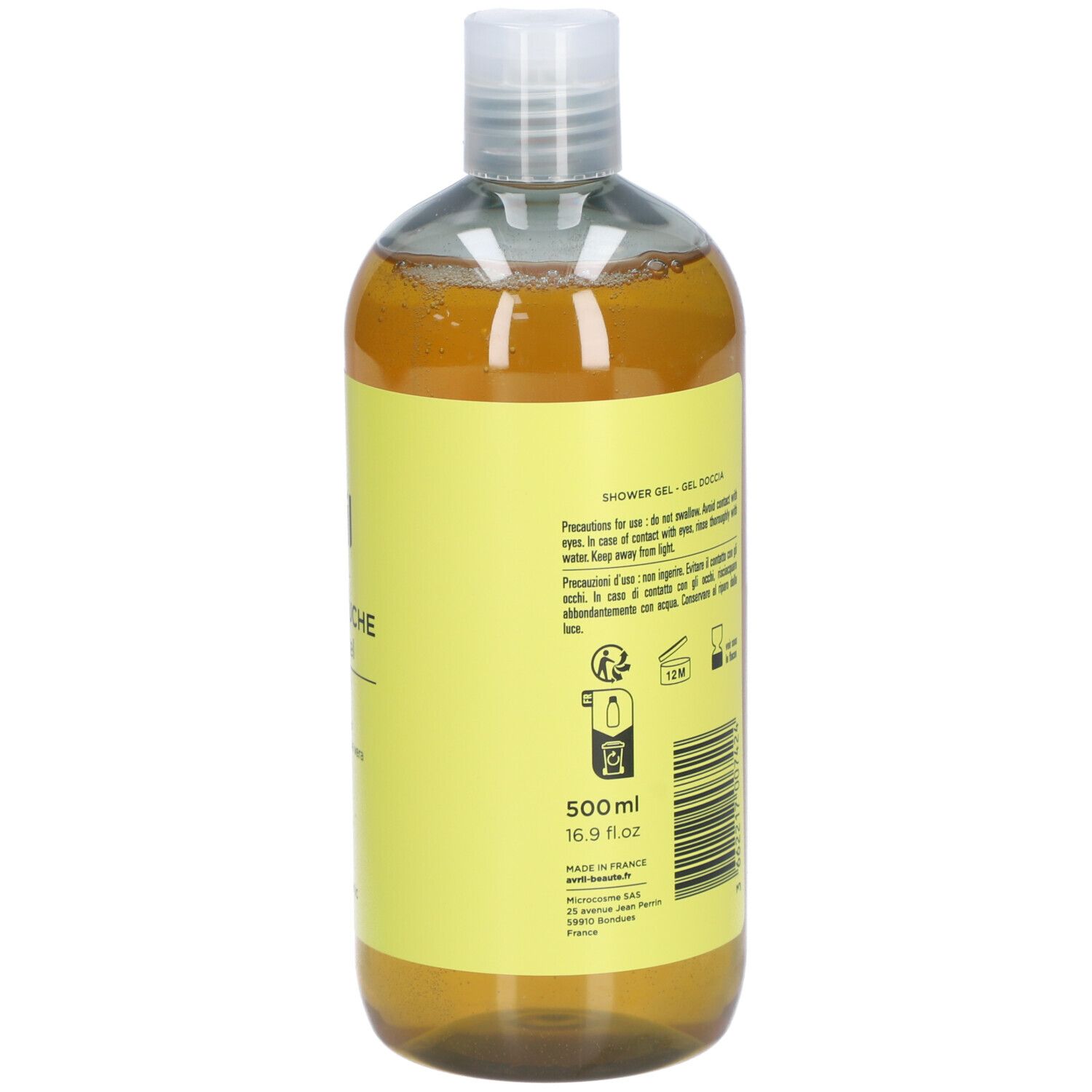 Rückseite der Flasche. Text mit Inhaltsstoffen und Anweisungen. Bio-Zertifizierung. 500ml, 16.9 fl oz.