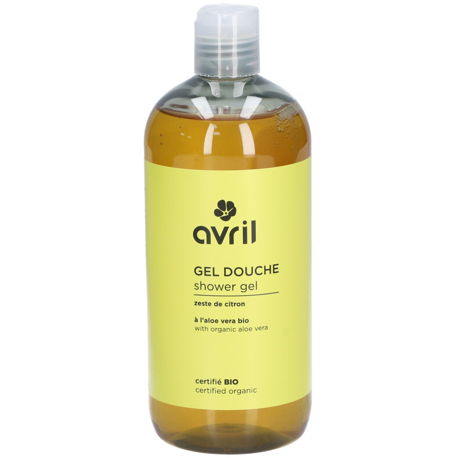 Klare Flasche mit gelbem Etikett. Aufschrift: AVRIL Gel Douche Zeste de Citron. Bio-Zertifizierung.