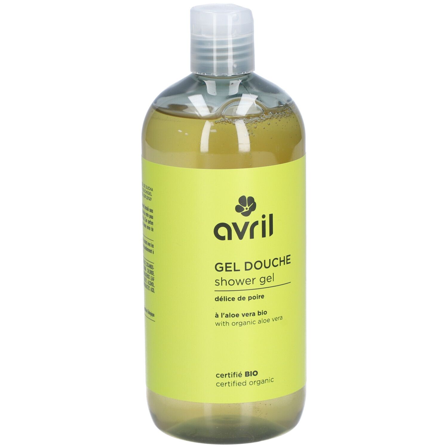 Flacon transparent de gel douche jaune. Inscriptions: avril, Gel Douche, Délice de Poire, certifié bio.