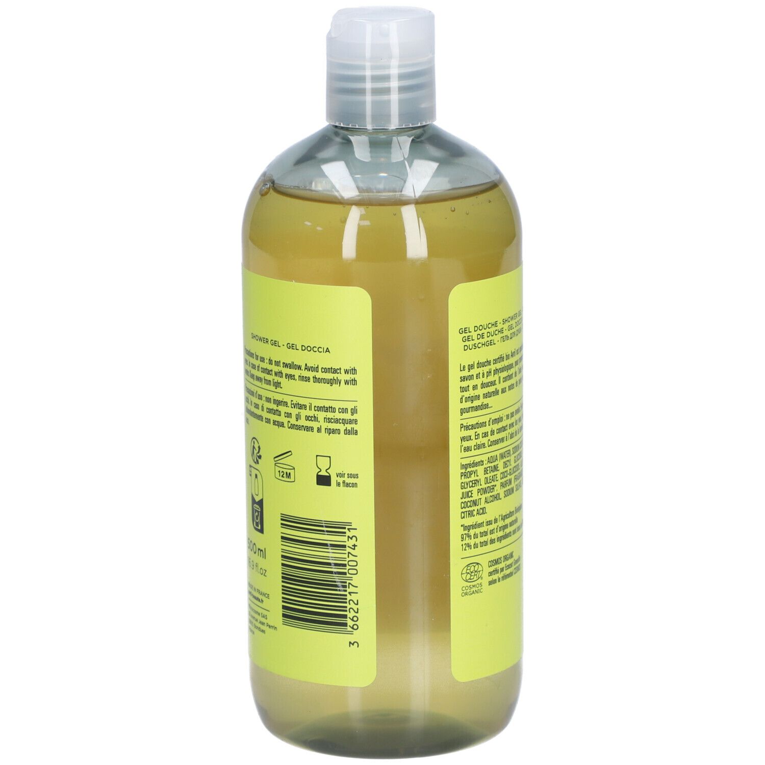 Dos du flacon. Étiquette jaune avec instructions d'utilisation, code-barres et certifications.