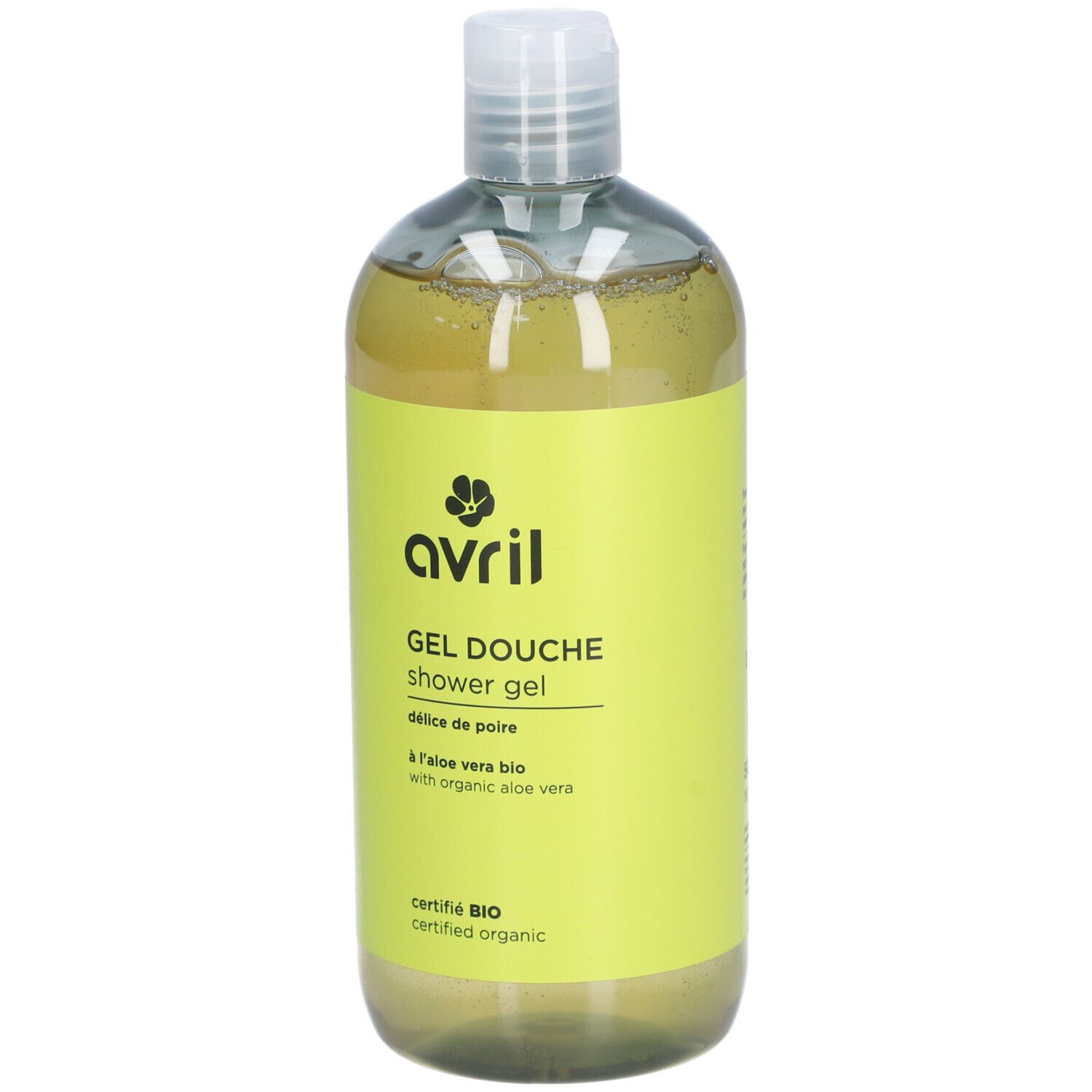 Flacon transparent de gel douche jaune. Inscriptions: avril, Gel Douche, Délice de Poire, certifié bio.