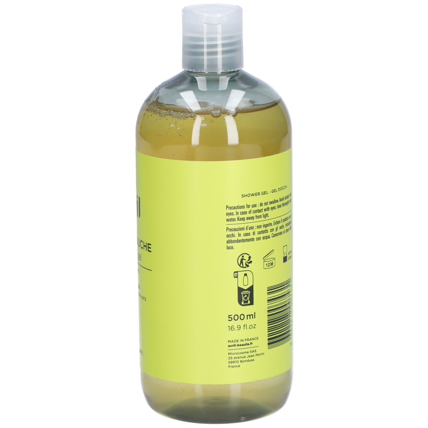 Dos du flacon. Étiquette jaune avec instructions d'utilisation, code-barres et certifications. 500ml.